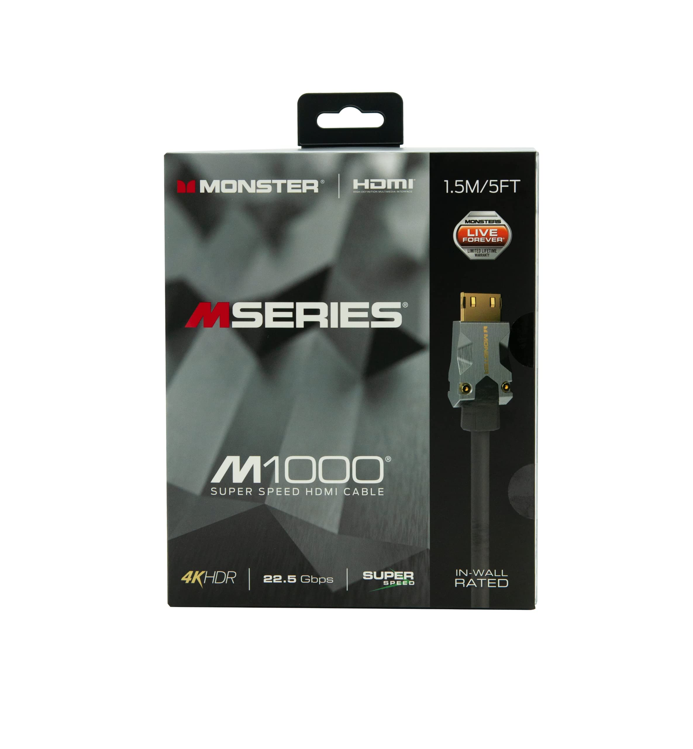 MONSTER - Câble HDMI - Résolution 4K - Vidéo HDR10-22,5 GBPS - Vitesse Éclair - Connecteurs V-Grip - Triple Blindage - 1,5 Mètres - Garanti à Vie - Noir