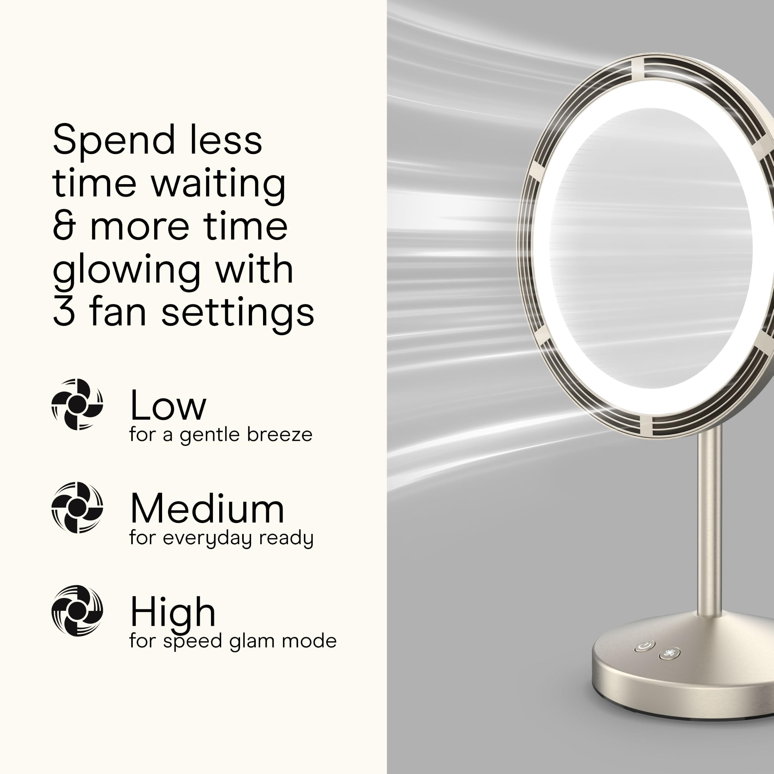 Conair Espejo de Maquillaje con Ventilador Iluminado LED con Aumento de Manchas, Espejo de Maquillaje con luz y Ventilador con 3 ajustes, área de visualización de 15 cm, Acabado de níquel Satinado | Ventilador integrado e iluminación LED de por vida con a