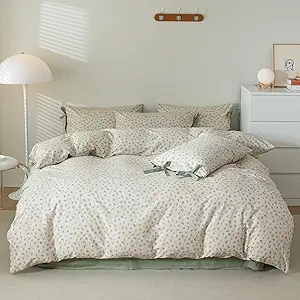 VM VOUGEMARKET Purple Blossom Duvet Cover Set Full Beige Duvet Cover with 2 Bowknot Pillowcases Vintage Flower Bedding Set for College Dorm
