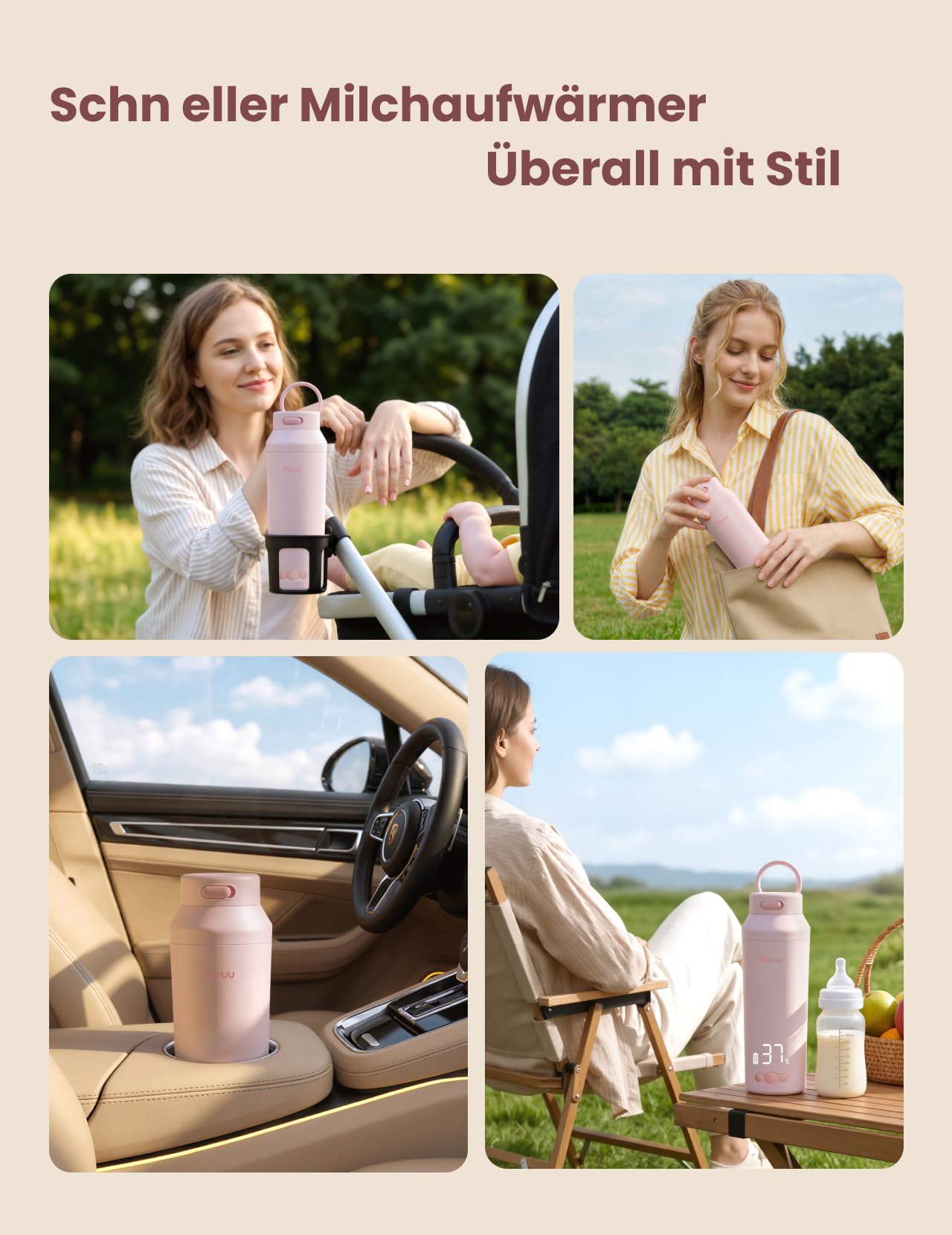 Paruu Tragbarer Flaschenwärmer Baby Unterwegs, Schnellaufheizen in 2 Min, 7-Stufige Temperaturregelung, 30W-Schnellladung, 350ml Kapazität, Rosa
