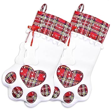 Feeko Dog Christmas Stockings - 2 Pcs Dog's Gift - Pet Stocking with Large Paw for Christmas Decorations, 18 x 11 Inches