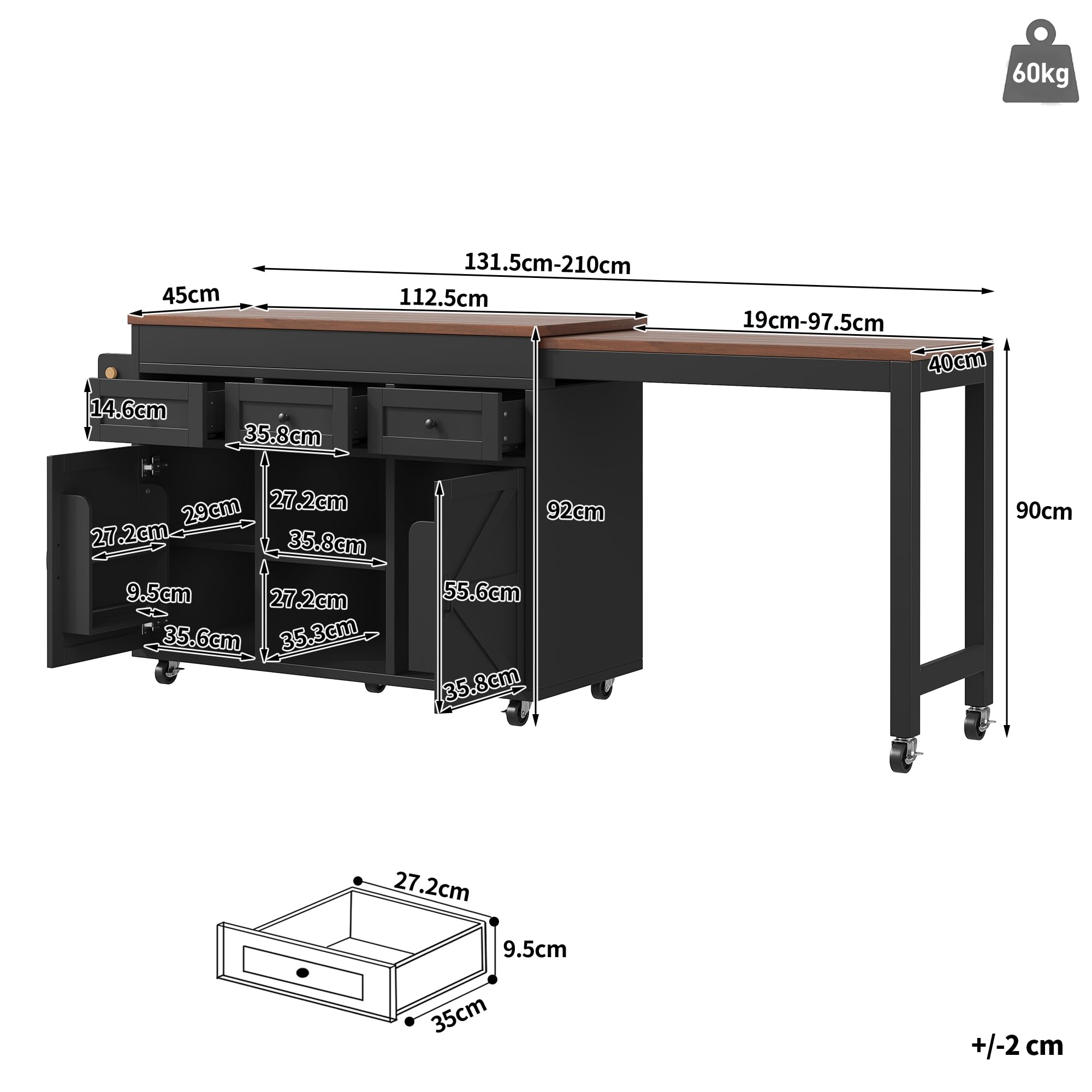 Kücheninsel, ausziehbarer Esstisch Bartisch (131,5-210 cm), 360° drehbare, mit Schubladen und Schränken, vielseitige Arbeitsplatte für Küche, Esszimmer, Schwarz