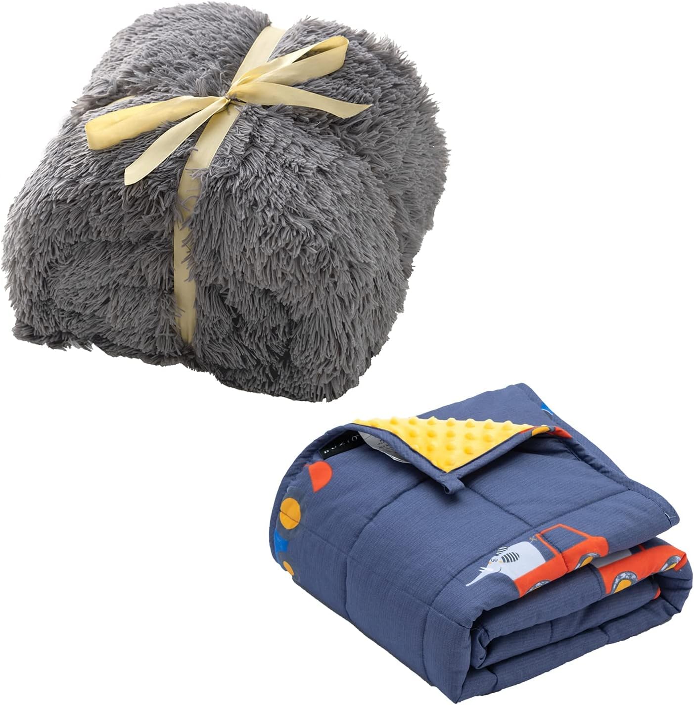 Uttermara 15 lbs Shaggy Faux Fur Weighted Blanket, Super Soft Plush Fleece and Cozy Sherpa Reverse & 5 lbs Weighted Blanket for Kids, Ultra Cozy Minky Fleece and Cotton Sided with Cartoon Patterns