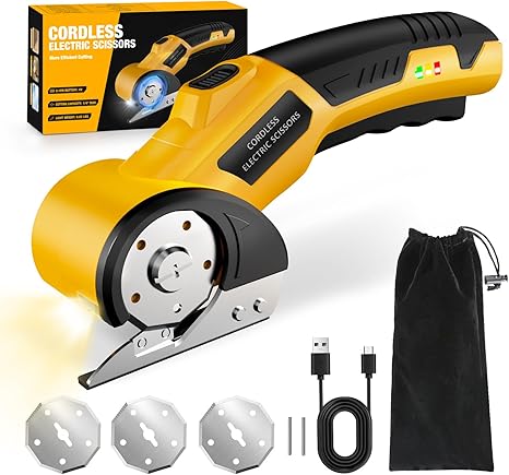 Cordless Electric Scissors: 4V Rechargeable Cardboard Cutter, 3 Blades, Safety Lock & LED Light, Box Cutter for Carton Carpet Plastic Fabric Leather(Yellow)