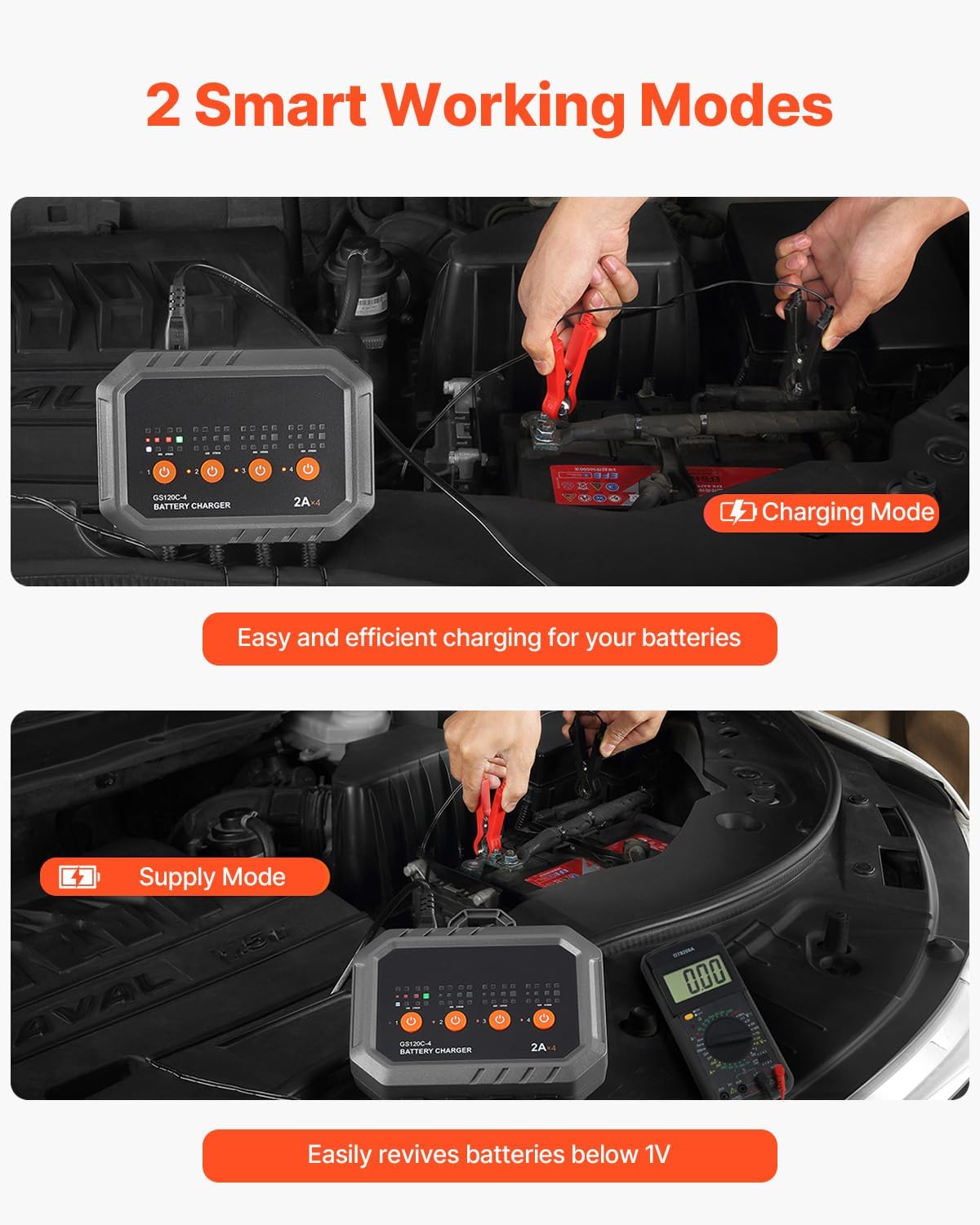 VEVOR Battery Charger, 8-Amp, LiFePO4 Lead-Acid (AGM/Gel/SLA) Smart Car Battery Charger, Fully-Automatic Smart Charger Maintainer, for Car Motorcycle Lawn Mower Golf Cart Boat Marine Deep Cycle