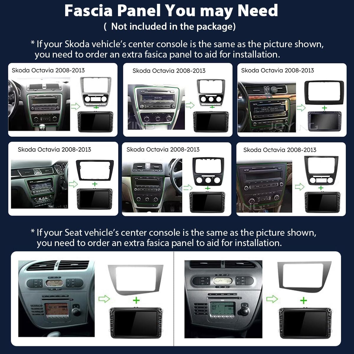 Image showing various Skoda Octavia and Seat center console configurations and indicating when an extra fascia panel is needed for installation.