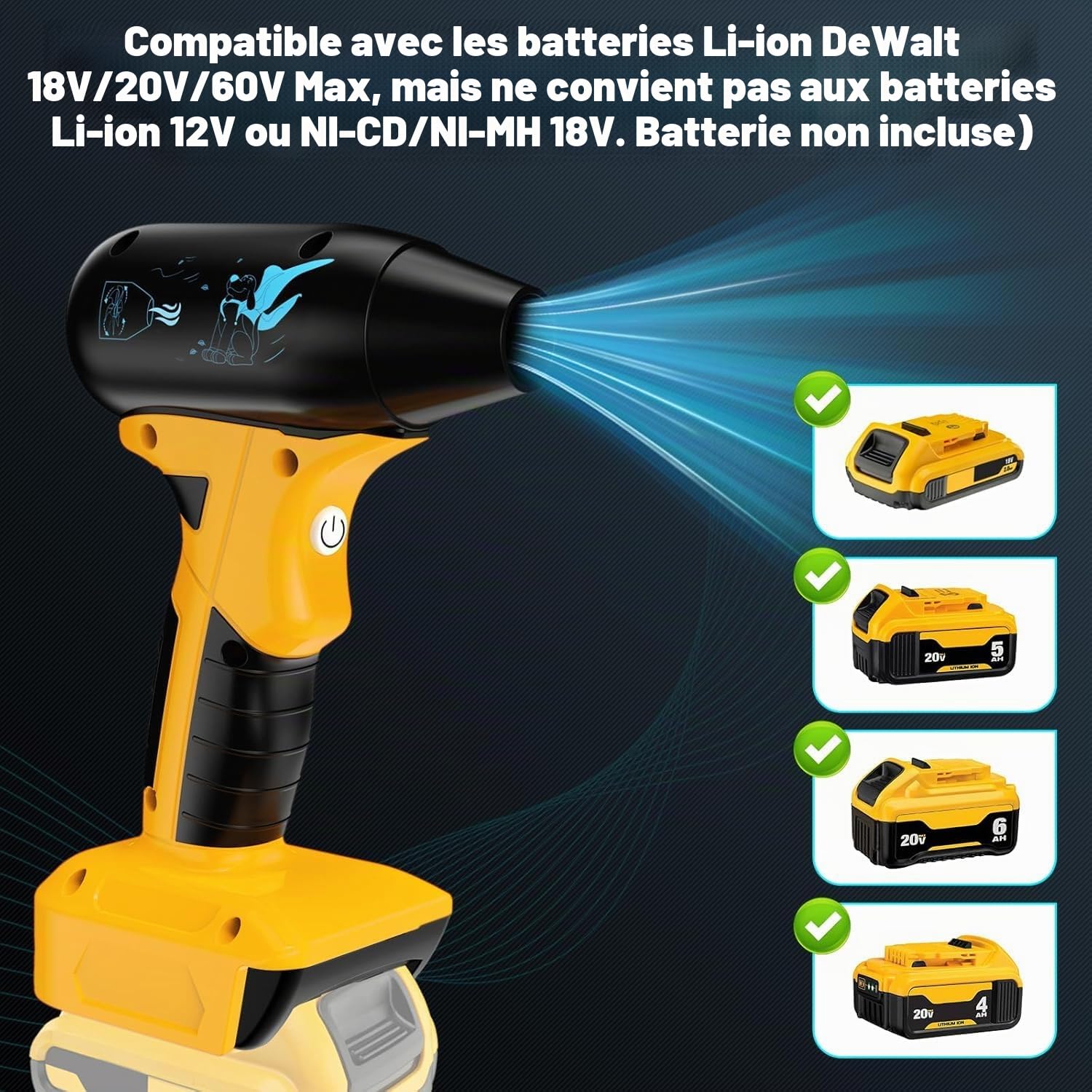 Souffleur à feuilles sans fil à 4 vitesses pour batterie Li-ion Dewalt 20 V, 130 000 tr/min, dépoussiéreur à air comprimé Super Mini Jet pour Dewalt pour ordinateur, voiture, clavier (sans batterie)