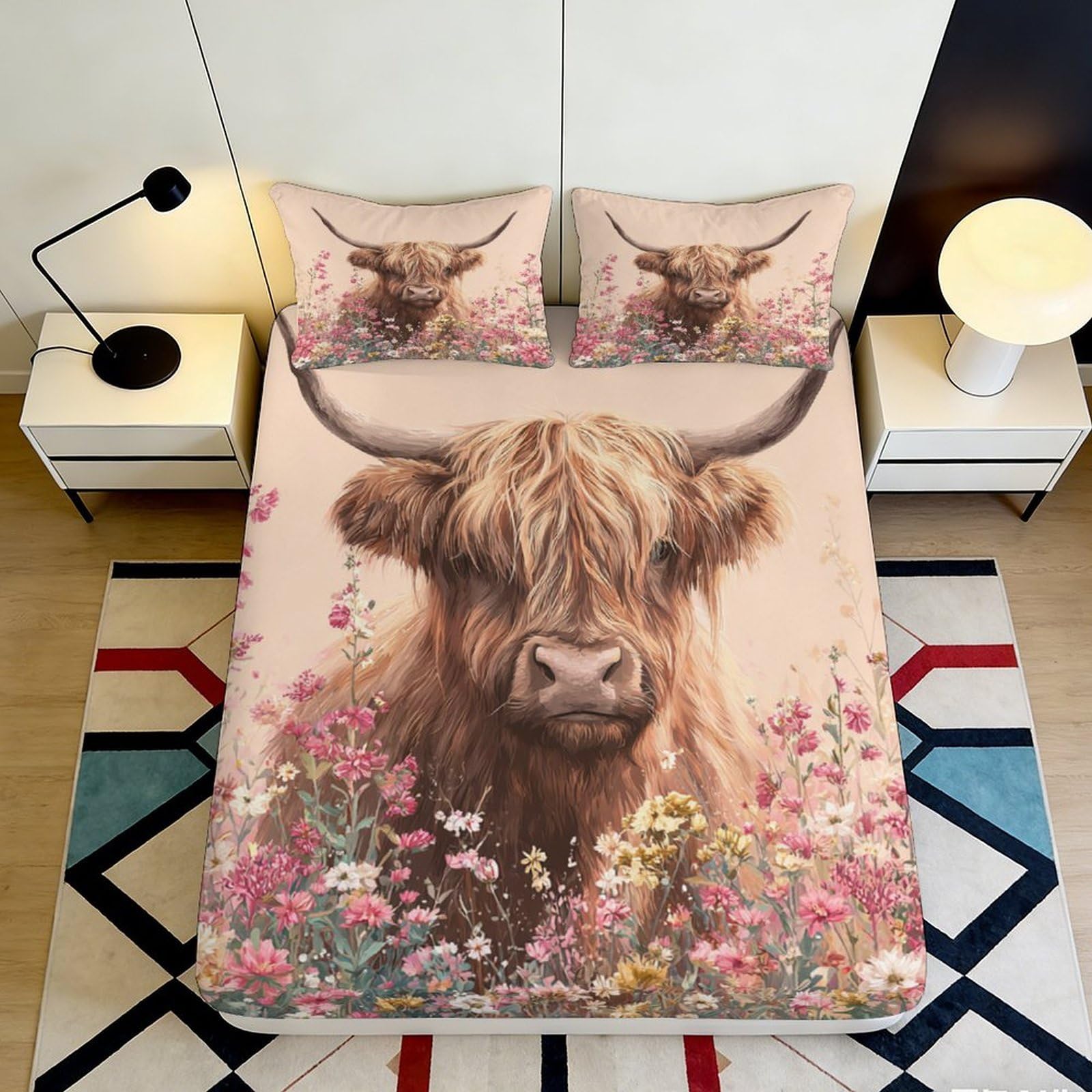 3D Printed Highland Cow Floral Fitted Sheet Microfiber Soft Breathable Wild Meadow Bed Cover for Bedroom Guest Room Decor 90x200x25cm