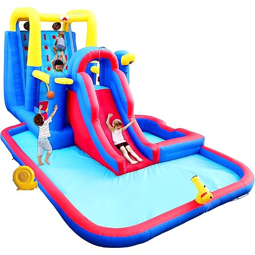 Inflatable Jumping Castle with Large Climbing Wall, 267 x 138 x 118 Inch Bounce House with Air Blower, Dual Target and Basketball Rock