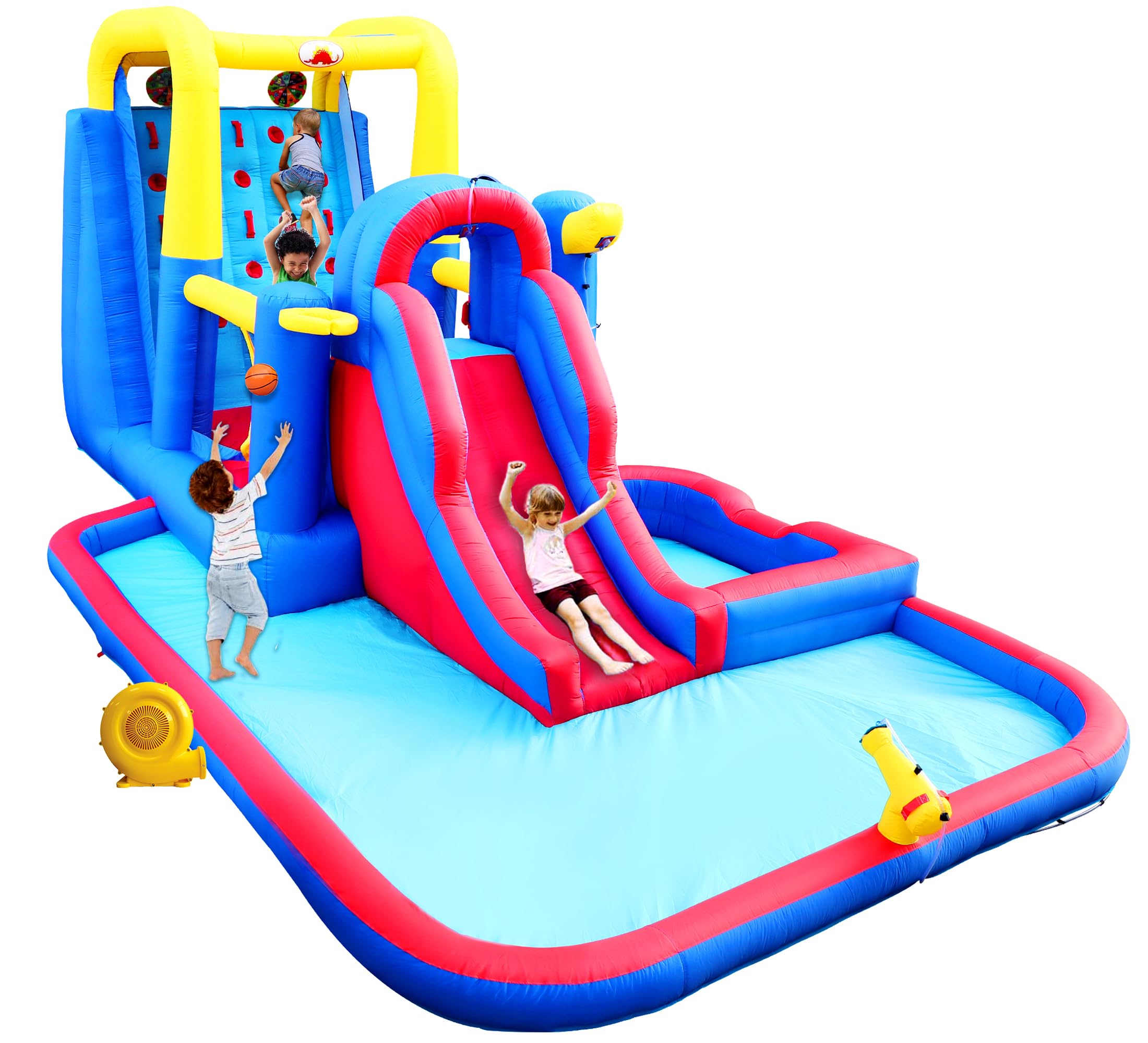 WELLFUNTIME Inflatable Jumping Castle with Large Climbing Wall, 267 x 138 x 118 Inch Bounce House with Air Blower, Dual Target and Basketball Rock