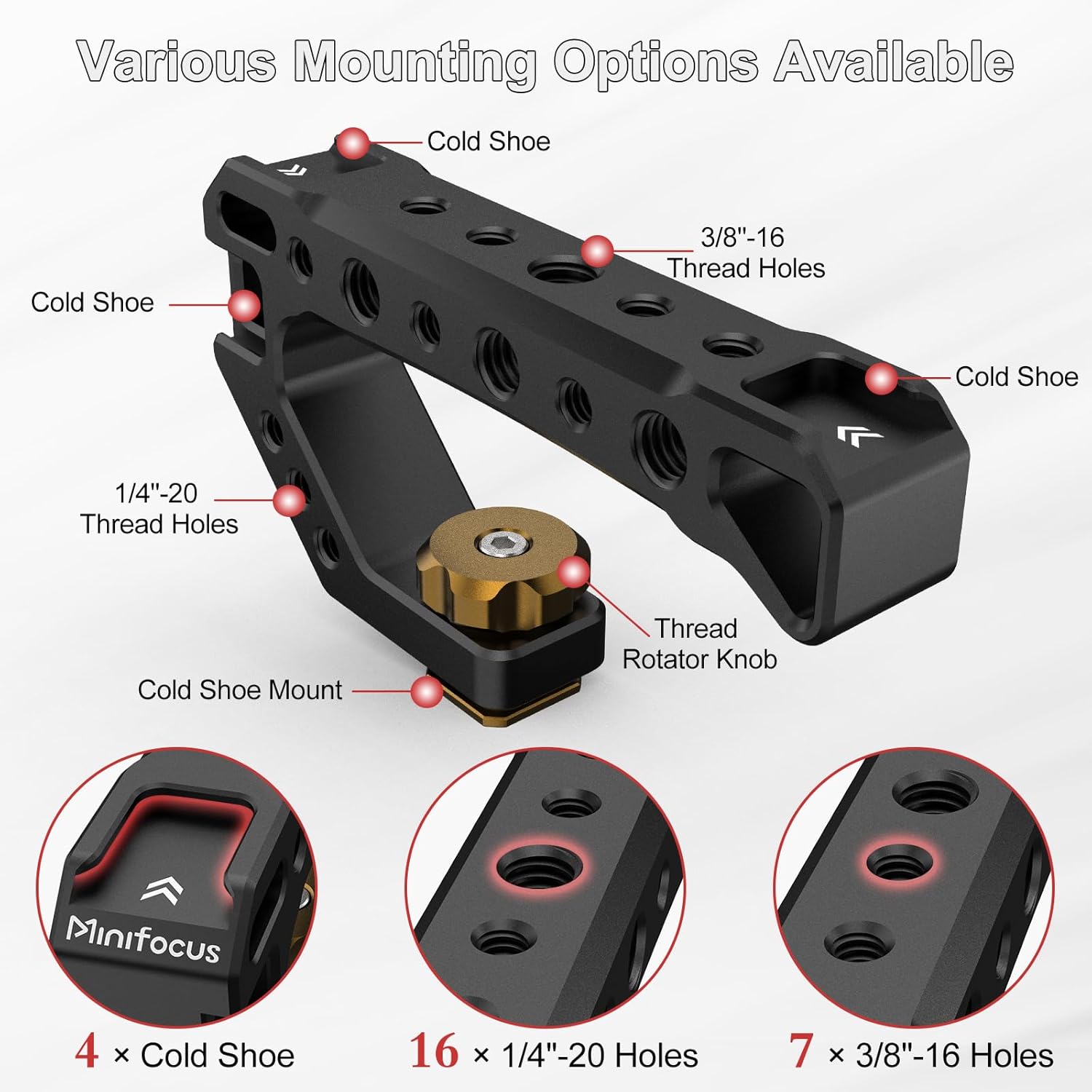 Top Handle with Cold Shoe Mount, Lightweight Handle Grip for Camera Cage, Universal Camera Top Handgrip with 4 Cold Shoe and 1/4" & 3/8" Holes for Camera Cage, Microphone, LED Light, Monitor