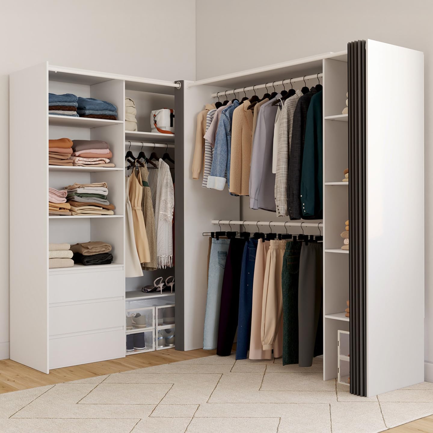 IDMarket - Vestidor extensible en ángulo Marlon 200 x 150 x 180 cm, color blanco