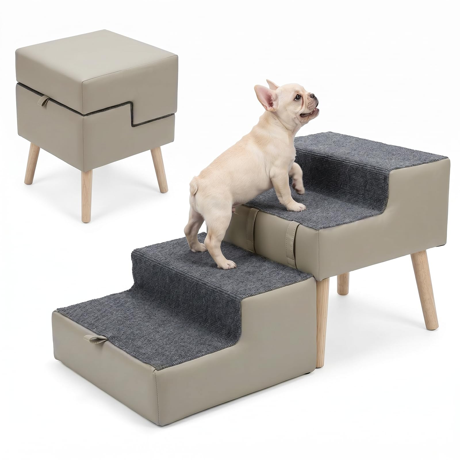 Dog Stairs for Small Dogs 15.7" H, 2-in-1 Pet Stairs and Ottoman | Dog Stairs for Small & Medium Dogs, Non-Slip Wooden Dog Ramp for Couch and Bed, Stairs for Dogs to Get on Bed, Light Gray