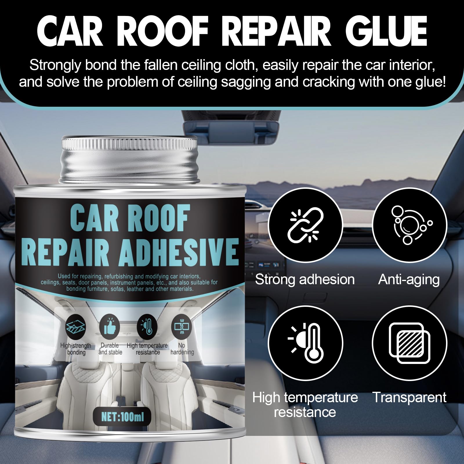 Colla per Cielo Auto, colla per Tessuti Auto, Colla per Alte Temperature Tessuto Auto Cielo, Collas per Tappezzeria Auto per Pelle, Schiuma, Tessuto, Forza Adesiva Super Forte, -20°C A 90°C