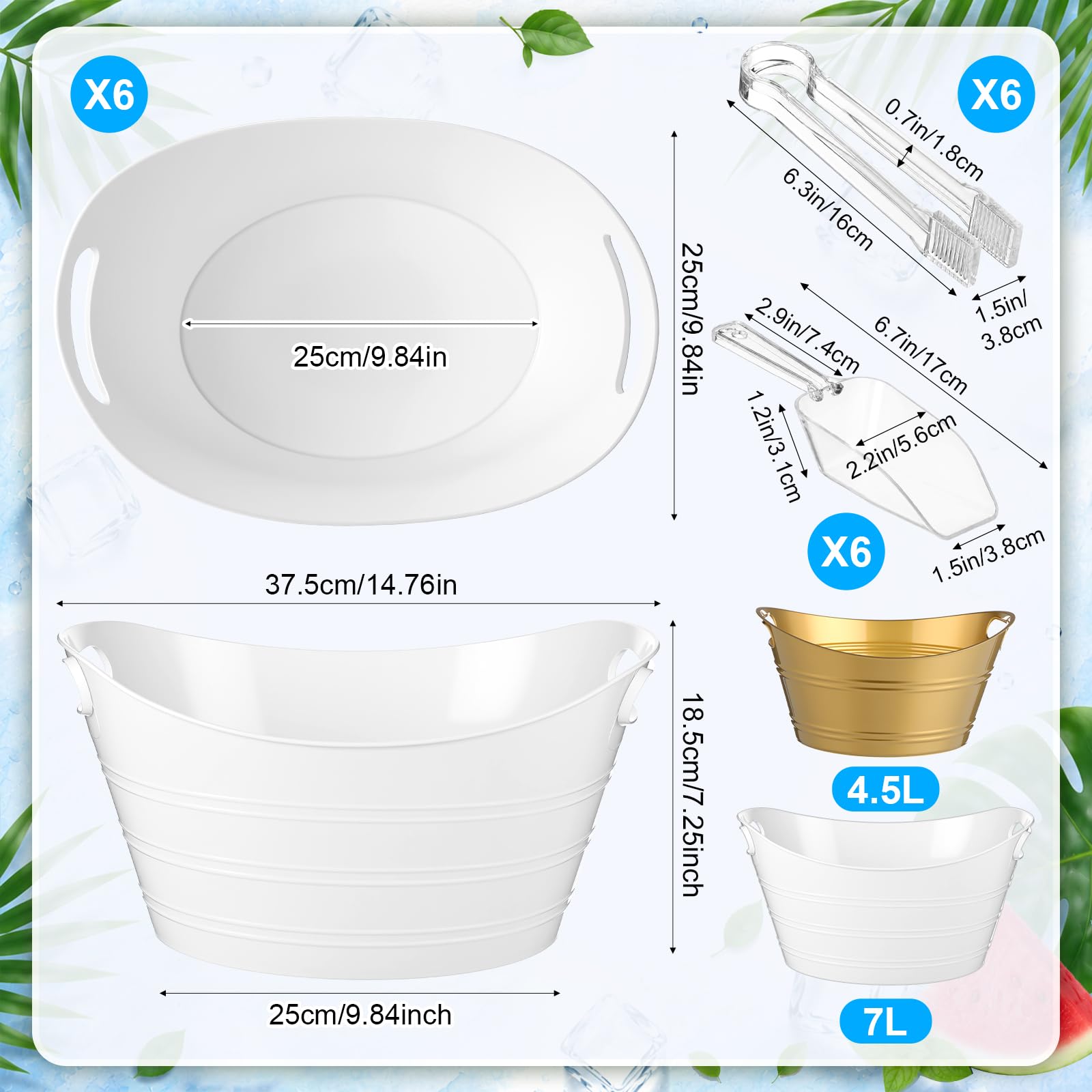 meekoo Juego de 6 cubos de hielo de plástico a granel con asas, incluye 6 recipientes ovalados de almacenamiento, 6 cucharas de hielo y 6 pinzas para barbacoa, boda, fiesta, bar, vino, cerveza