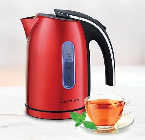 EUROSTAR EKS12RD - Tetera eléctrica de acero inoxidable, 1,2 L, color rojo