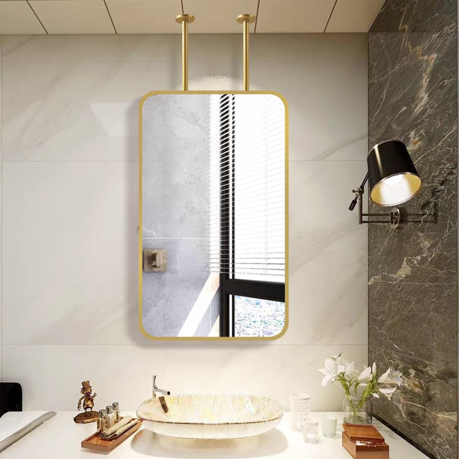 QICBYING Bathroom Mirror, Rectangle Ceiling Hanging Mirror, Wall Mounted Mirrors Metal Framed, Suspended Bathroom Vanity Mirror Vanity Shaving Makeup Mirrors, Nordic Design(Gold,50 * 80cm)