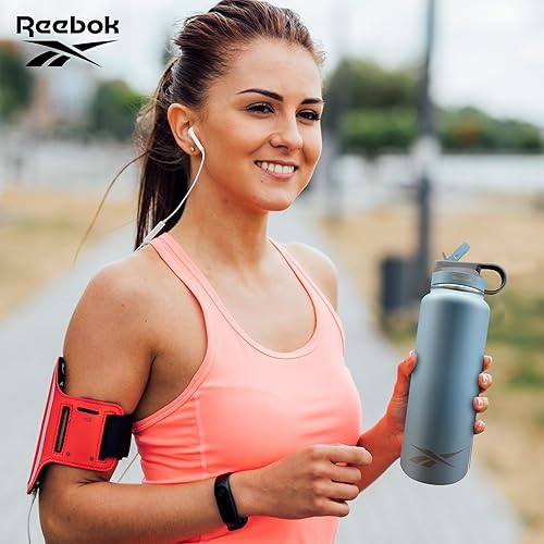 Miniatura 7 de Reebok Botella de agua de acero inoxidable con popote y diseño atlético, botellas de agua aisladas de 32 onzas, botella de agua deportiva aislada al