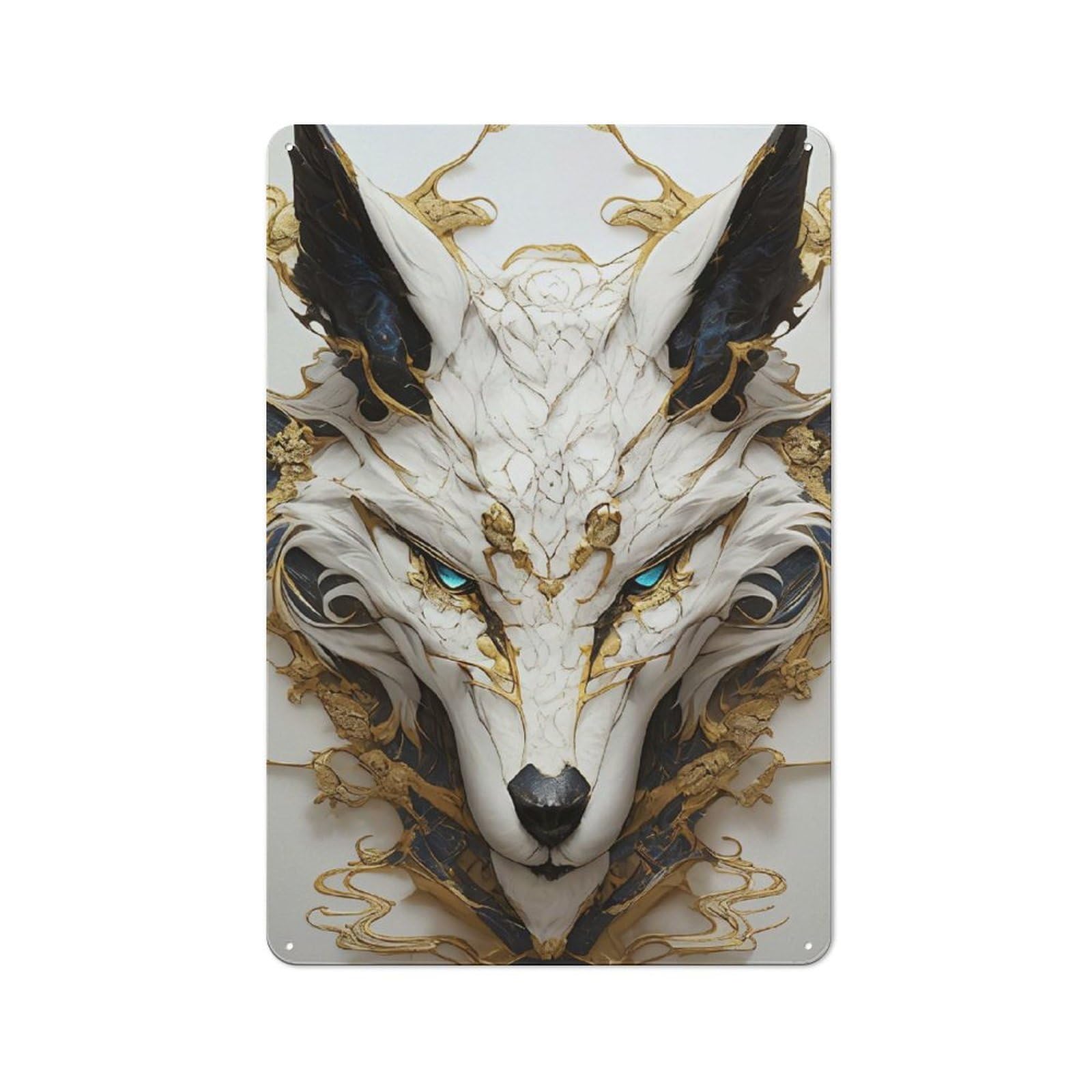 Junmoney Style-15 Garage Style Metal Wall Sign 30X20cm Featuring Ornate White And Gold Wolf Portrait, Garage Wall Decor For Garage, Hobby Room, Office Or Man Cave