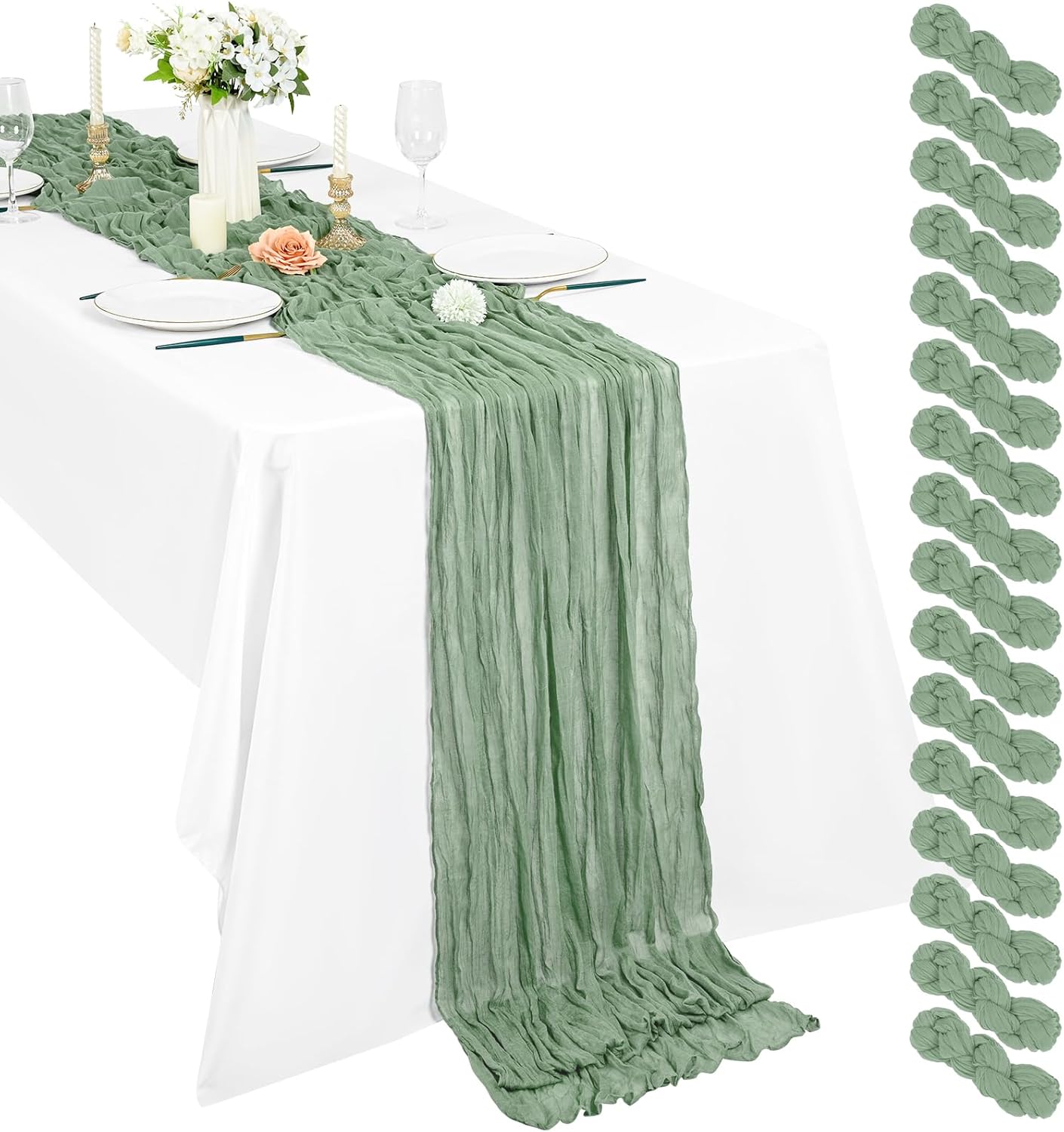 16 Pack Sage Green Cheesecloth Table Runner, 10Ft Boho Gauze Table Runner 35×120 Inch Rustic Romantic Long Table Runner for Wedding Party Bridal Shower Thanksgiving Christmas Decoration Sage Green 16 Pack-35x 120 Inch