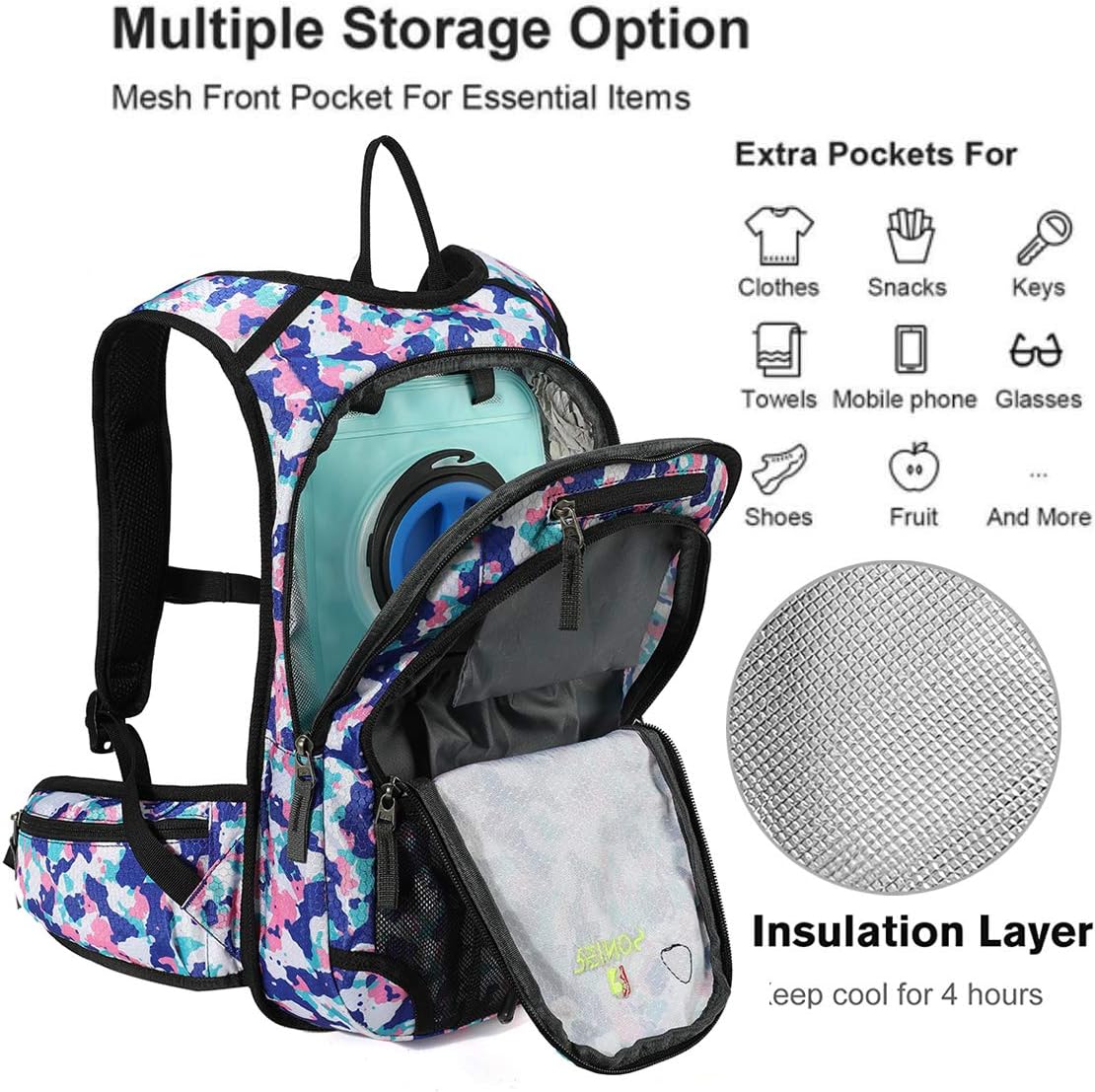 REINOS Hydration Backpack with 3L Bladder for Men & Women, Daypack with Thermal Insulation | Great for Hiking, Running, Cycling, Camping, Skiing, Outdoor Activities