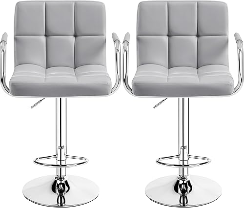 Topeakmart Juego de 2 taburetes de cuero sintético con altura de asiento ajustable con respaldo y brazos, taburete giratorio de 360 elegante, gris