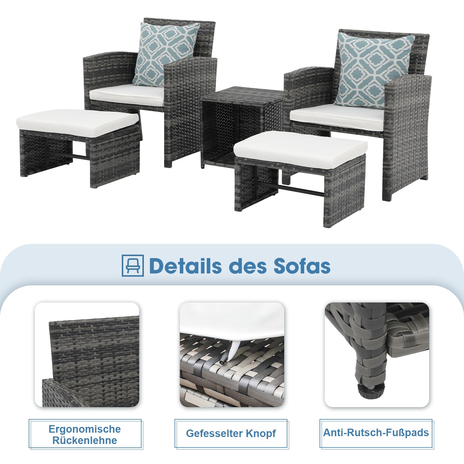 OC Orange-Casual 5-TLG Rattan Balkonmöbel-Set, PE-Rattan Gartenmöbel-Set, 2 Gartensessel mit Beistelltisch&Hocker, Gartensitzgruppe inkl. Sitzkissen&Rückenkissen, Bistroset für Garten Indoor Balkon