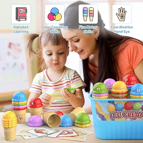 Miniatura 5 de Juguetes de aprendizaje de helado del alfabeto, clasificación de color del alfabeto ABC, juguetes Montessori de cognición fónica para niños