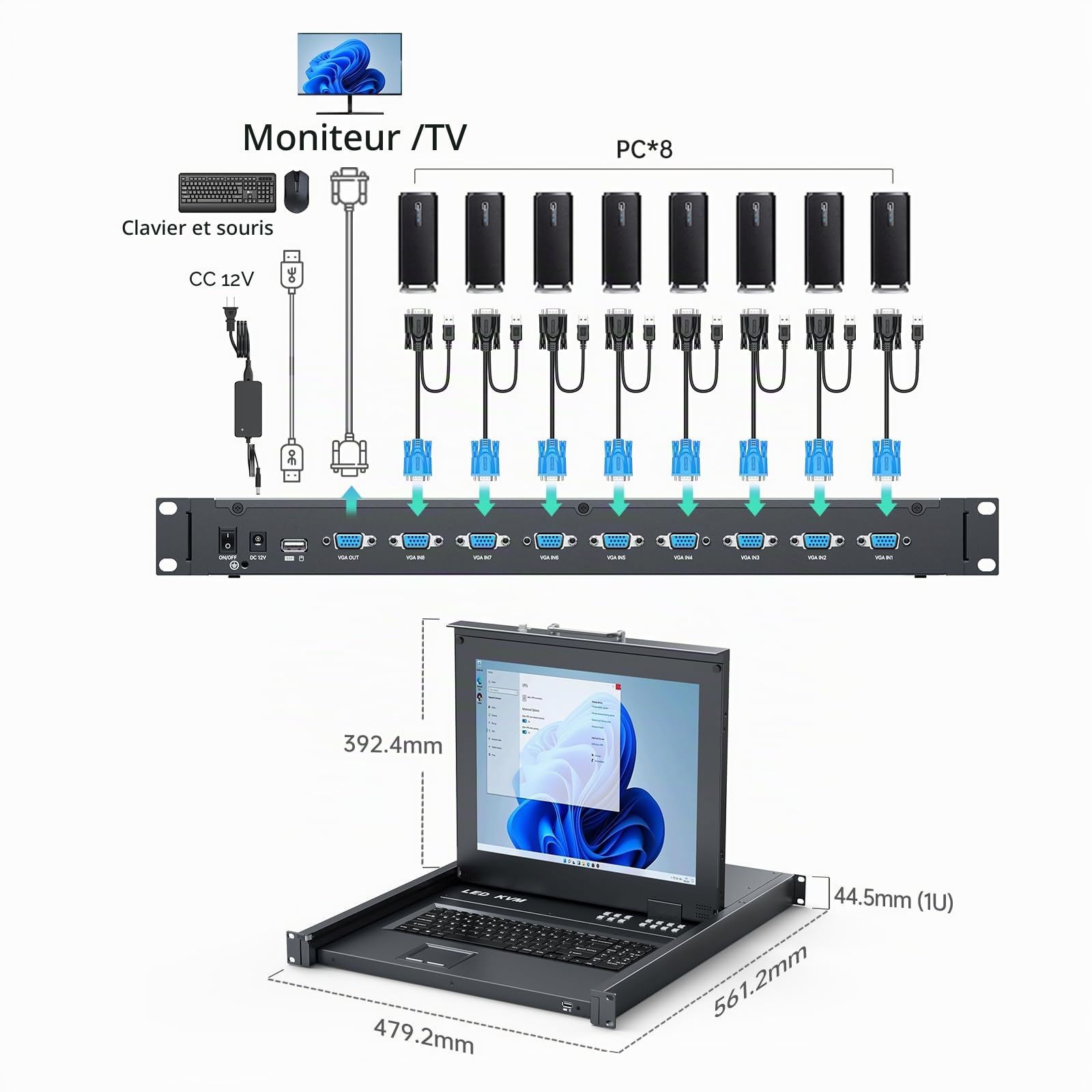 MT-VIKI 1U 17 pouces LCD Console KVM 8 ports KVM VGA Switch Rackmount avec console intégrée pour armoire 1U 600-800mm Touchpad clavier tiroir Hotkey OSD
