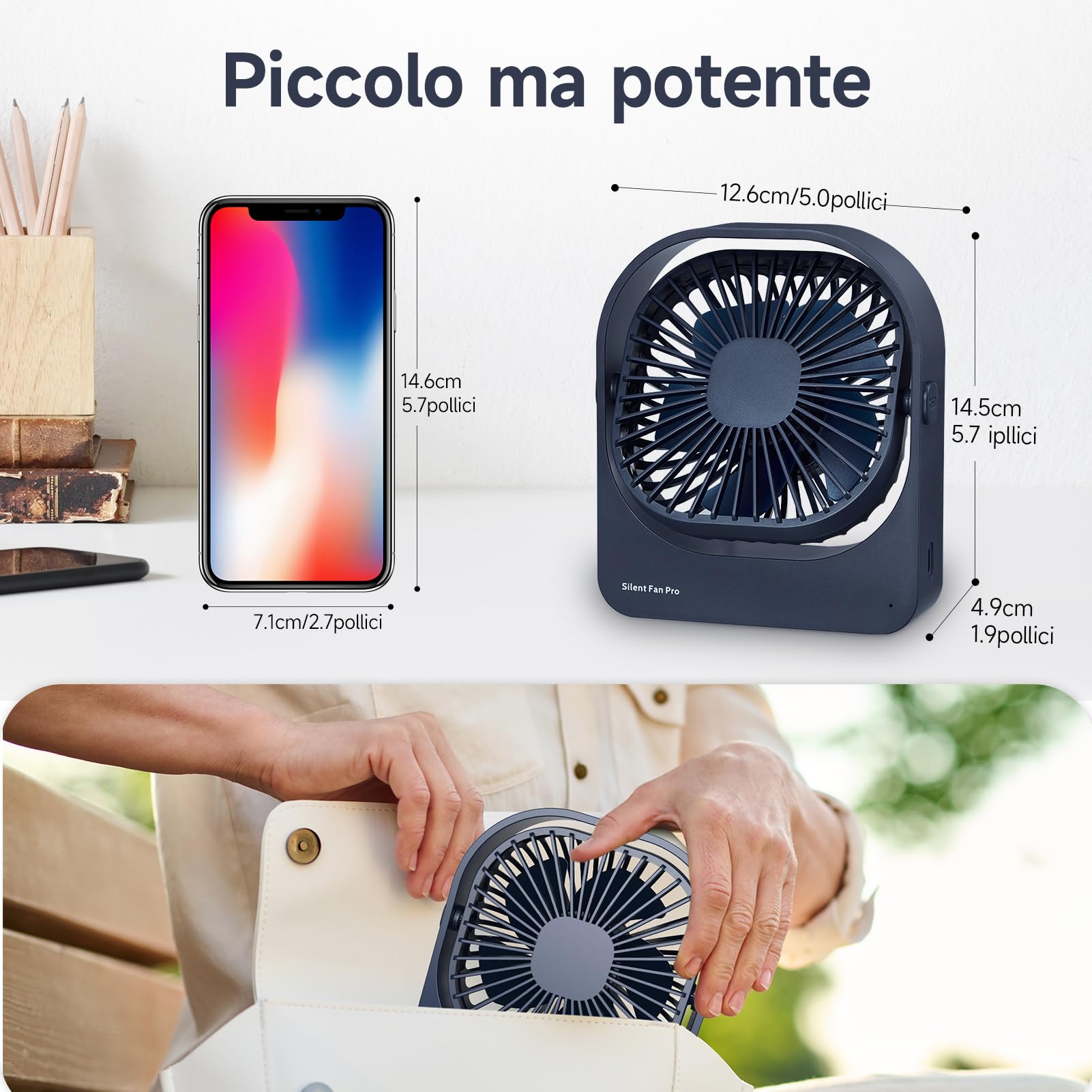WOWDSGN Ventilatore da Tavolo a Batteria Ricaricabile - Ventilatore USB Piccole con Forte Flusso d'Aria - Mini Ventilatore Portatile - 3 Velocità - Ideale per Interno ed Esterno (Blu Scuro)