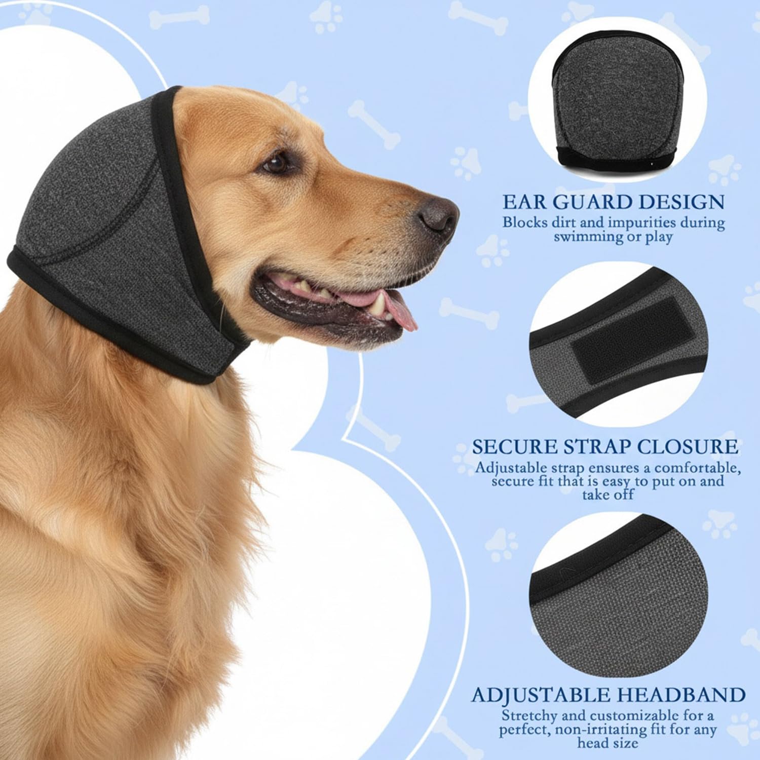 Protectores de Oídos y Orejeras para Perros, Cancelación de Ruido y Protección Auditiva Ajustable Calma para Perros Pequeños y Medianos, Aseo, Baño, Fuegos Artificiales, Truenos (Gris-L)