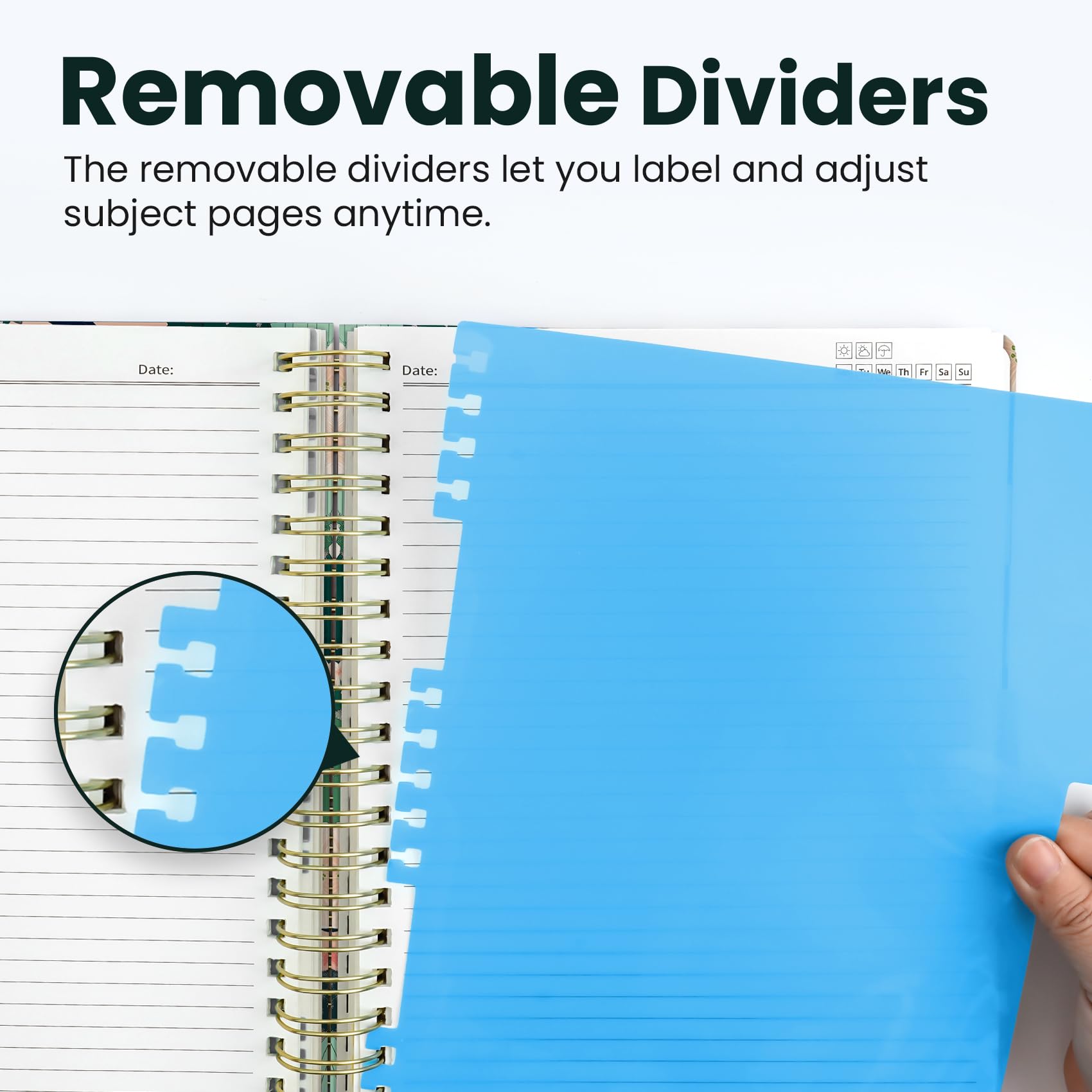 Cuadernos grandes con forro en espiral para el trabajo con separadores y pestañas extraíbles, 8.5 x 11 pulgadas, bonita tapa dura, cuaderno de 5 asignaturas para mujeres, rayado universitario