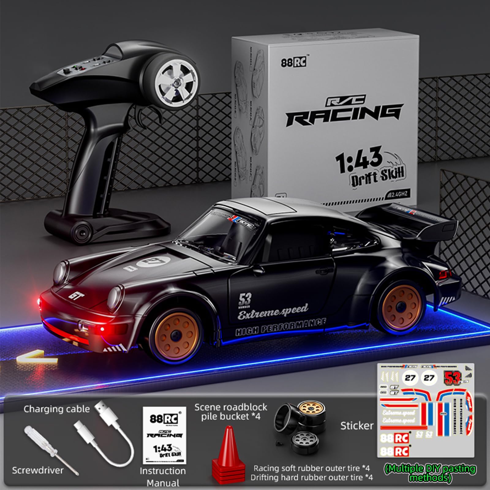 Zdalnie sterowany samochód Drift Auto – 1/43 Mini Alloy zdalnie sterowany samochód z żyroskopem, 2,4 GHz, pełna proporcjonalna prędkość, 4WD Hight Speed RC samochód ze światłami LED do