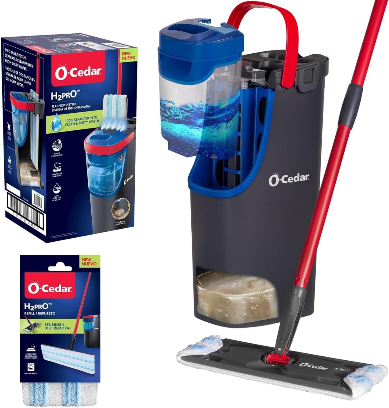 H2prO Flat Mop System with 1 Mop Head Refill | Quick Cleaning Tool | Clean with Clean Water | Machine Washable Reusable Microfiber Mop Pad | Safe on Wood Floors, Vinyl, Tile, Baseboards, Walls