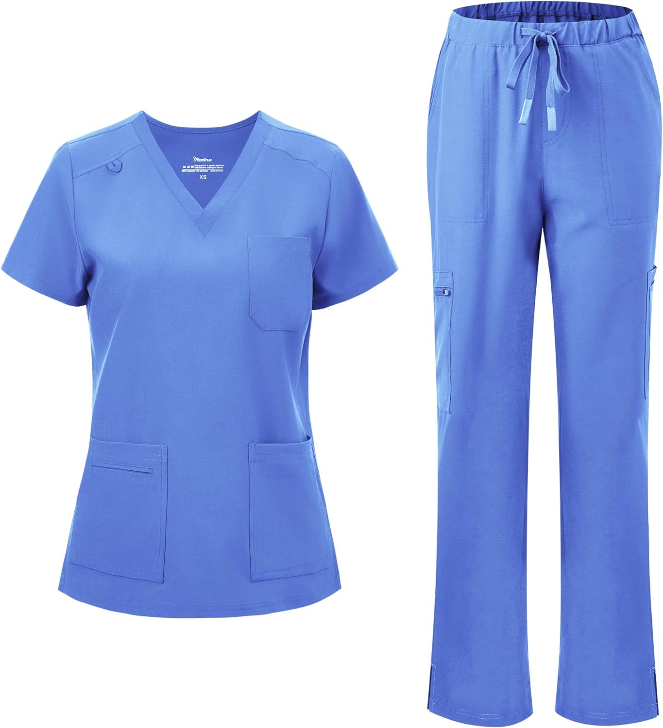 floralhue Scrubs for Women, V-Neck Scrubs Top & Cargo Pants with 12 Pockets, Yoga Waistband, 4 Way Stretch