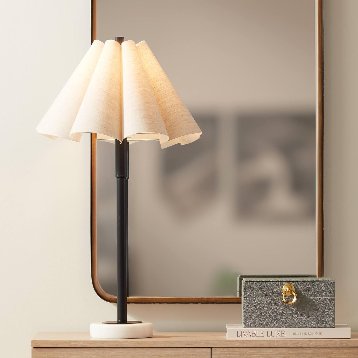 Possini Euro Design Raul 29 1/4" Tall Modern End 3-Way Table Lamp Black White Marble Finish Single Fabric Beige Scalloped Shade Living Room Bedroom Bedside Nightstand House Office Home Reading