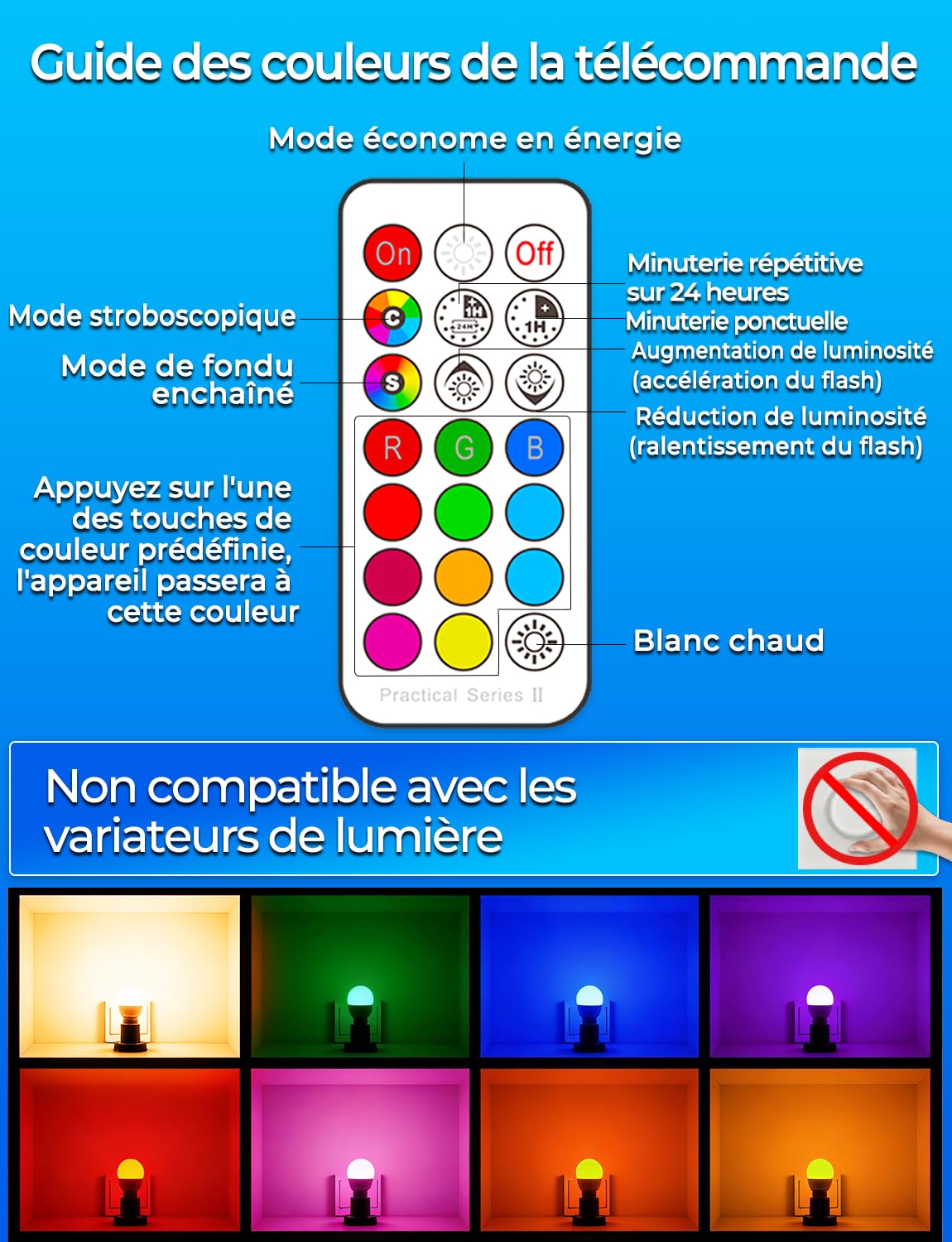 iLC Ampoule Couleur LED, Équivalent 40W, E27 Telecommande Blanc Chaud (2700K) Changement de couleur Ampoule 5W - RGB 12 choix de couleur - Edison Screw (Lot de 4)
