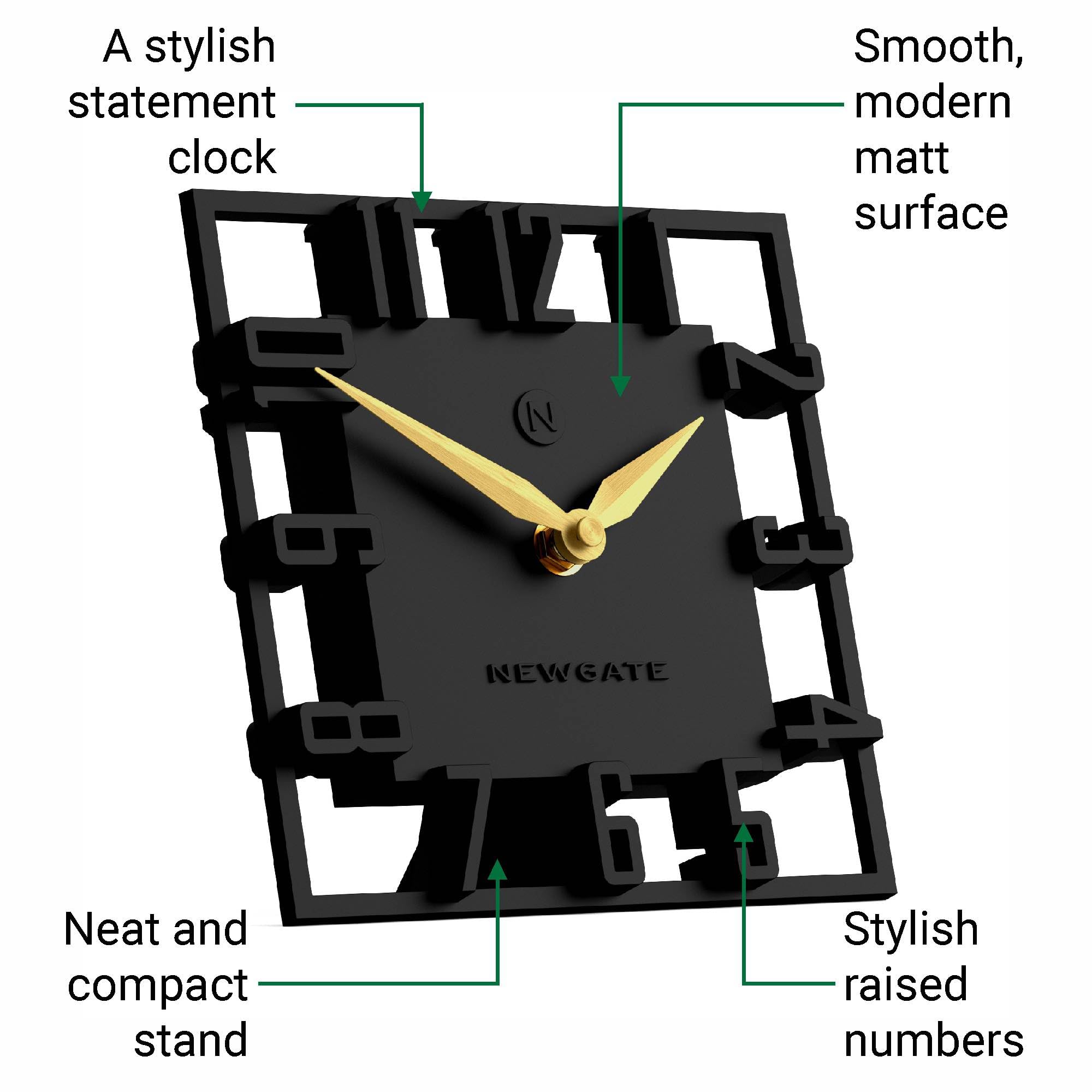 NEWGATE® Highline Reloj de Escritorio | Reloj Esqueleto Cuadrado | Negro | Estilo Moderno de diseño para Escritorio, encimera, repisa, estantería o mesilla | para Cocina, salón, Oficina