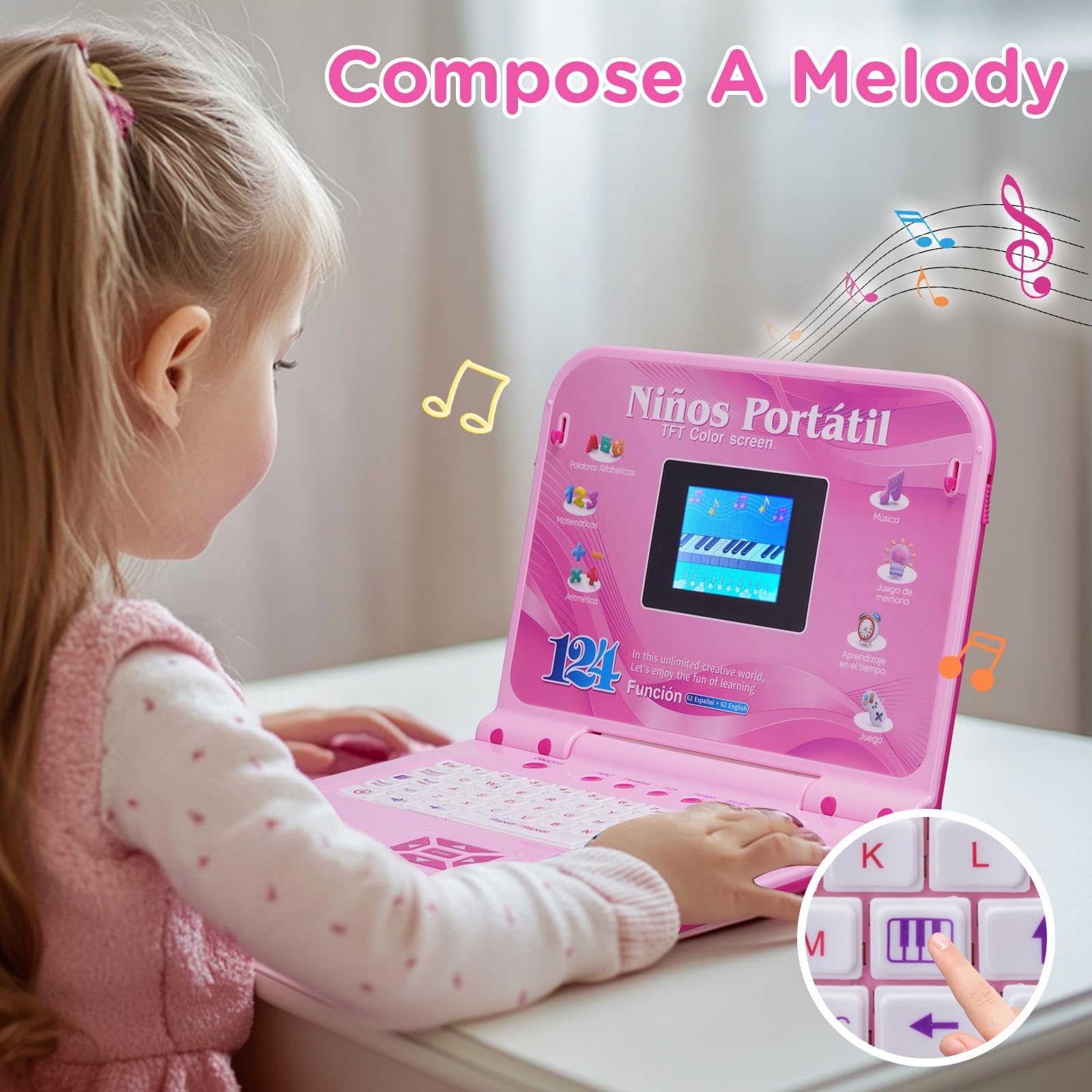 Ordinateur Éducatif Enfant 3-6 Ans - Jouet Apprentissage Alphabet, Maths Et Jeux Sonores Bilingue Anglais/Espagnol