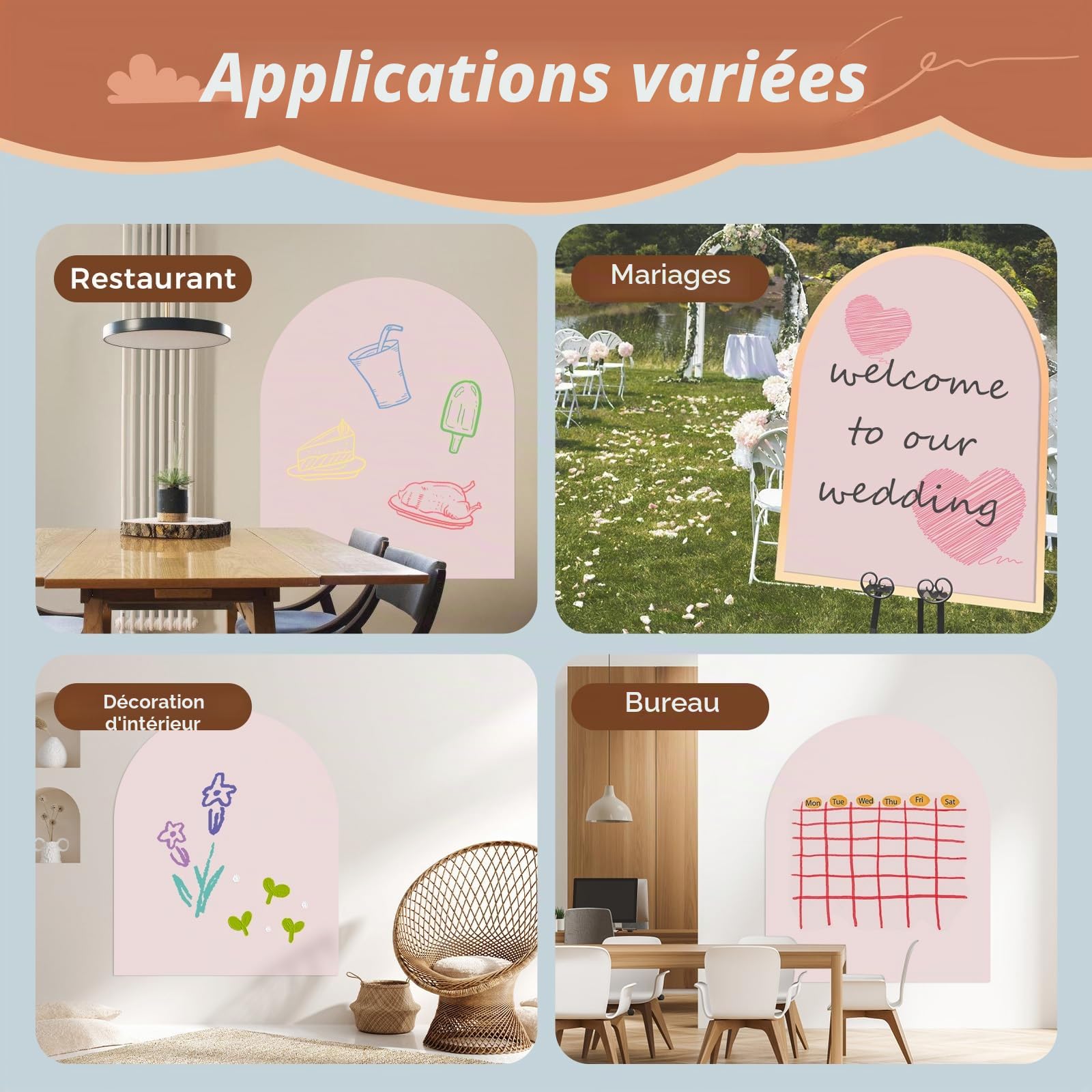 Tableau Magnétique Mural Enfant 80×100 cm - En forme d'arc - Avec couleurs pastel et craies - Tableau magnétique pour filles et garçons