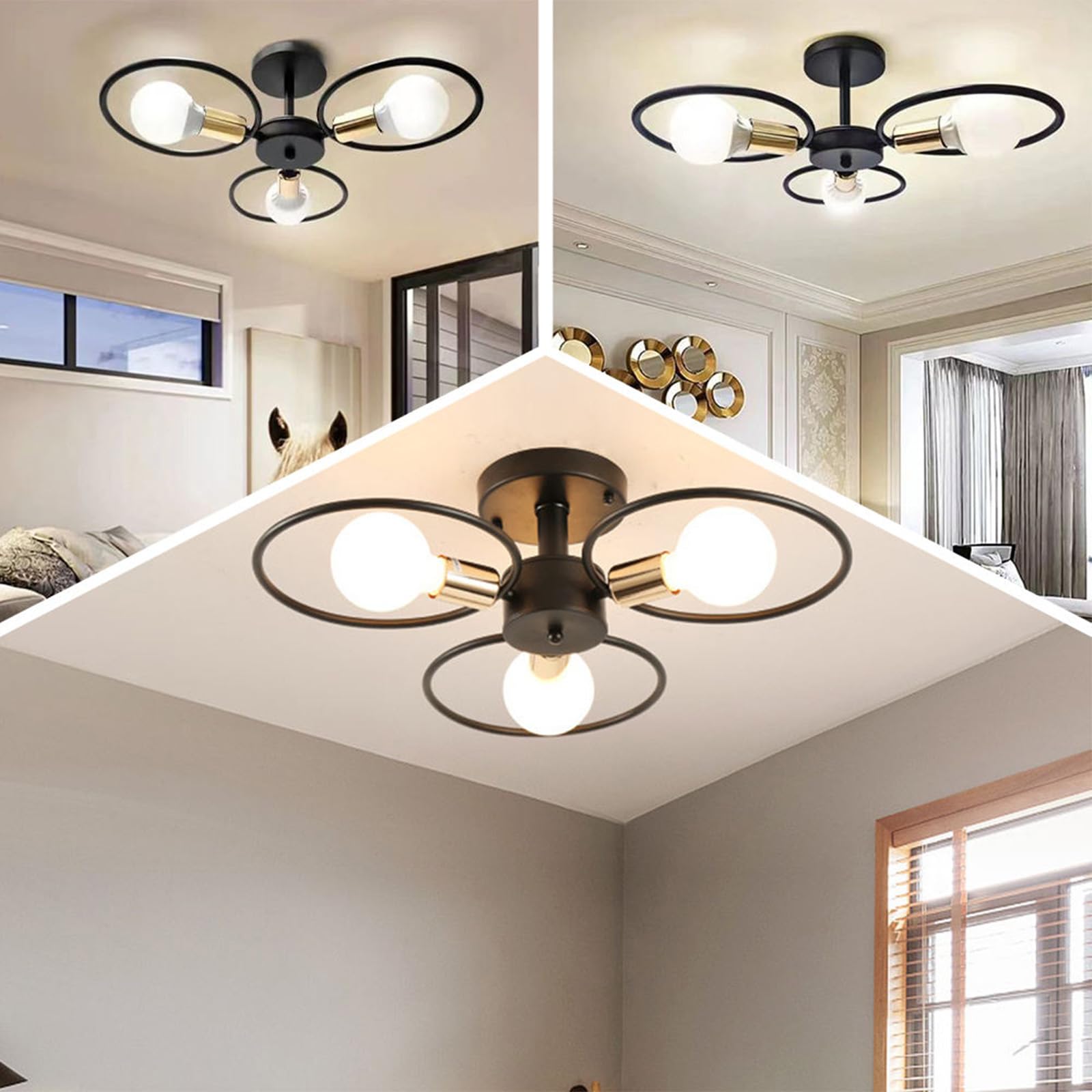 Sputnik Nowoczesna lampa sufitowa w stylu vintage metalowa oprawa sufitowa E27 Czarna podstawa przemysłowe oświetlenie sufitowe do sypialni salonu jadalni (żarówka nie jest dołączona) (czarna, 3