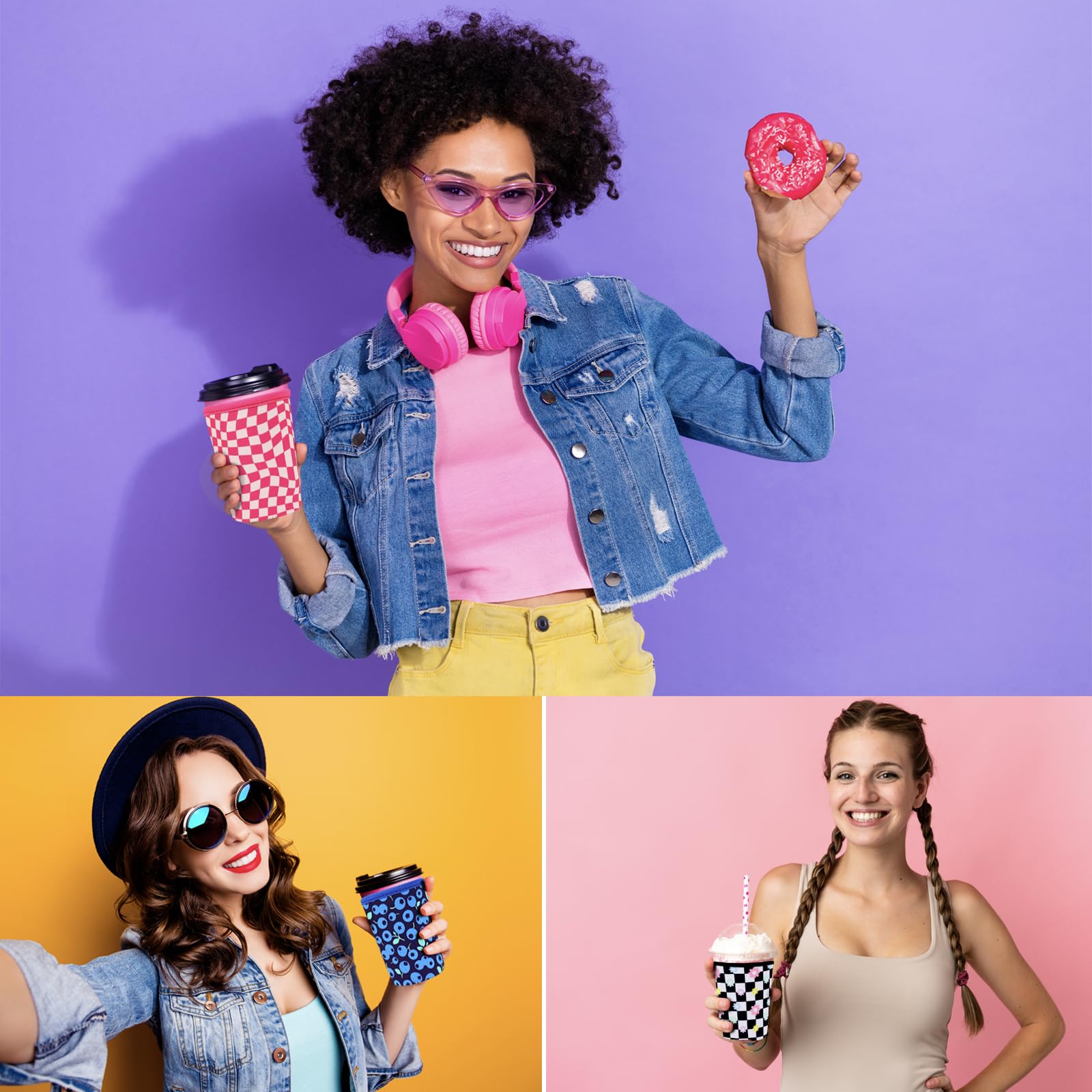 Paquete de 3 fundas reutilizables para tazas de café helado, funda de neopreno para bebidas frías y calientes, funda de café compatible con Starbucks, taza de café Dunkin. (Blooms Blushing)