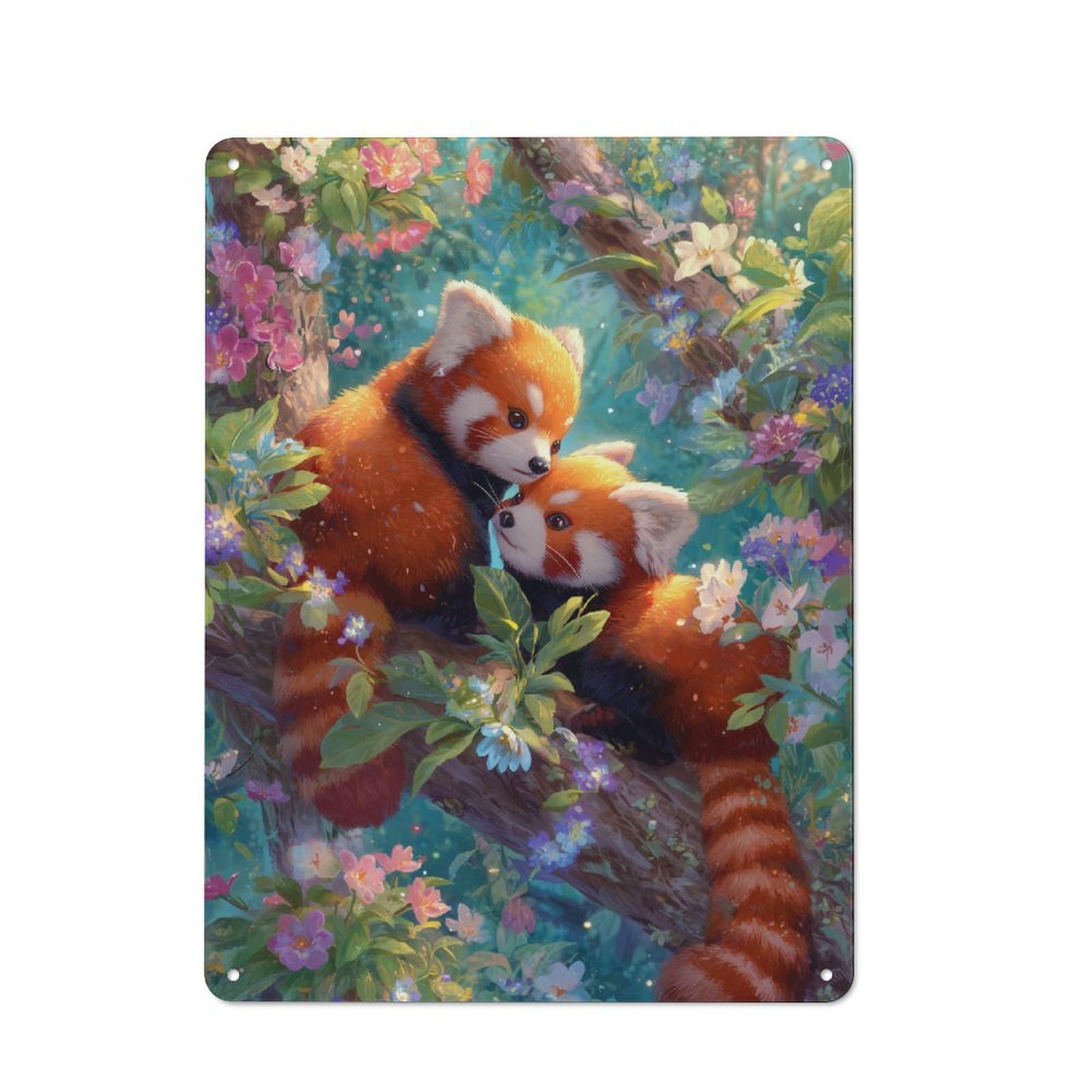 Junmoney Cute Red Pandas In Bloom Modern Vintage Office Metal Sign 40X30cm, Creative Space Decor For Home Office, Reading Corner Or Bedroom