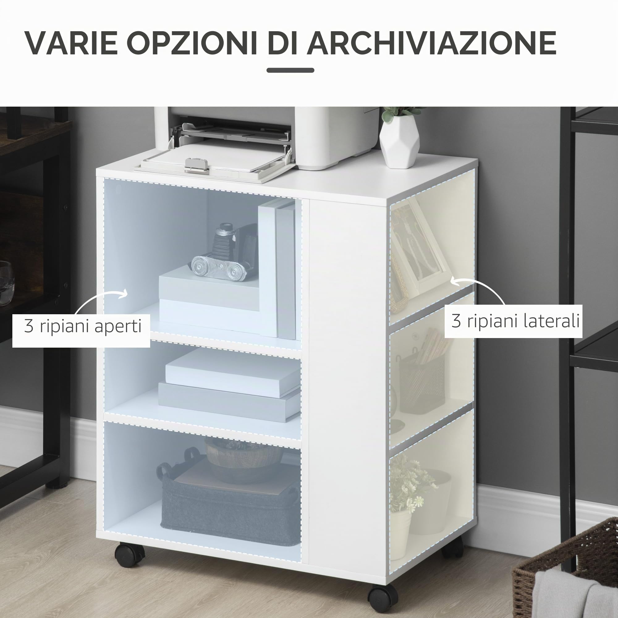 Vinsetto Mobiletto per stampanti e accessori per ufficio su ruote con 3 ripiani laterali e 2 freni Carico 30 kg per camera da letto cucina soggiorno 60x40x75,8 cm Bianco