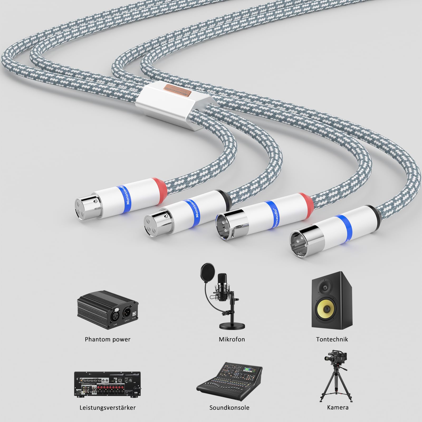 Monosaudio High End XLR-Kabel 1,5M A202X6R | 4N OFC Sauerstofffreies Kupfer, Rhodinierung-Stecker, 2-Schicht-Silber-Kupferabschirmung