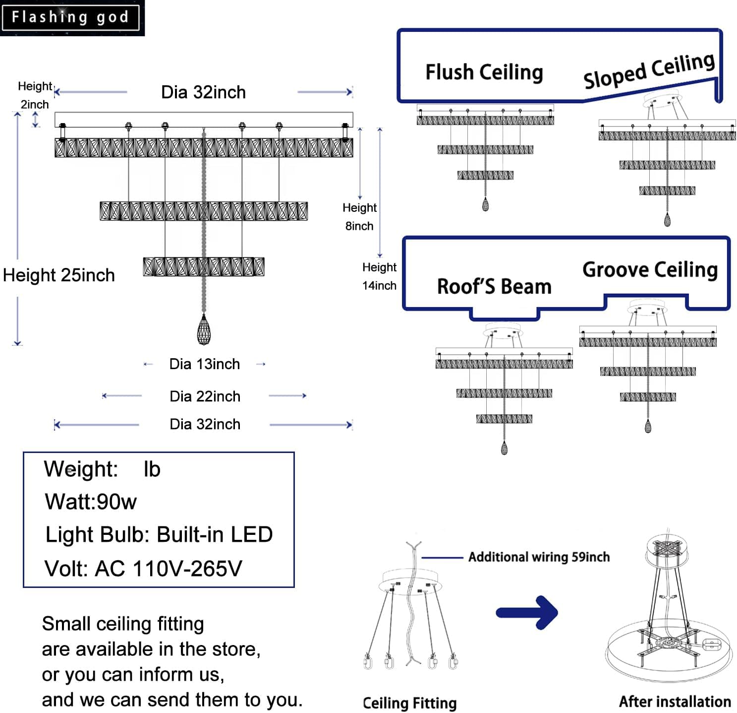 Flashing God Dia 32'' Modern Chandeliers for Living Room Crystal Flush Mount Ceiling Chandelier Large Chandeliers for Dining Room Bedroom LED Dimmable 3000-6000K Black