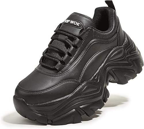 K KIP WOK Zapatos deportivos gruesos para mujer, plataforma de moda, de cuero blanco, casuales, cómodos, con cuña para caminar