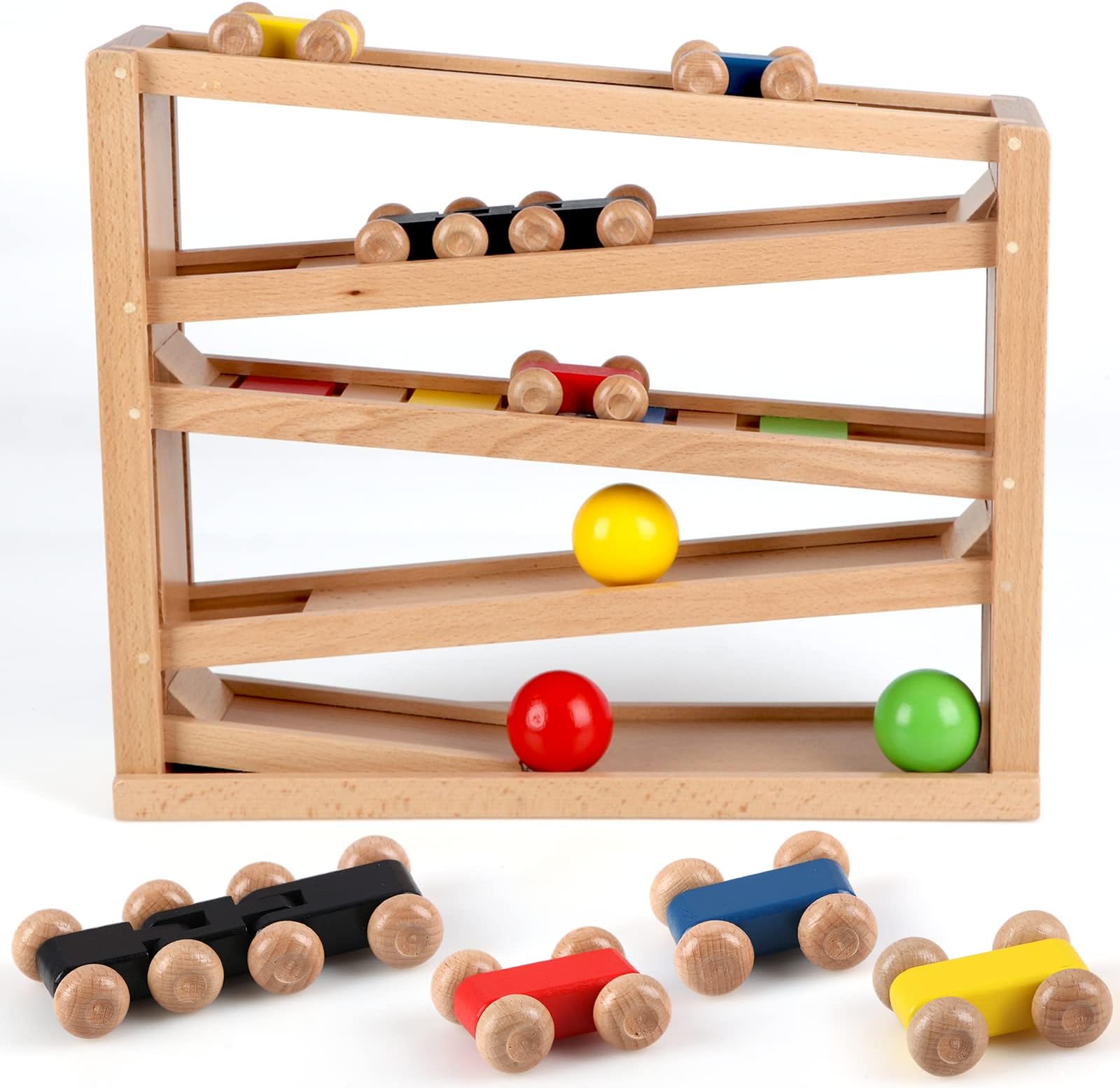 Jacootoys Wooden Car Ramp Marble Run Game Racing Track 5 Layers Racer Toy Set 4 Cars 3 Balls Gift for Kids Boys Girls