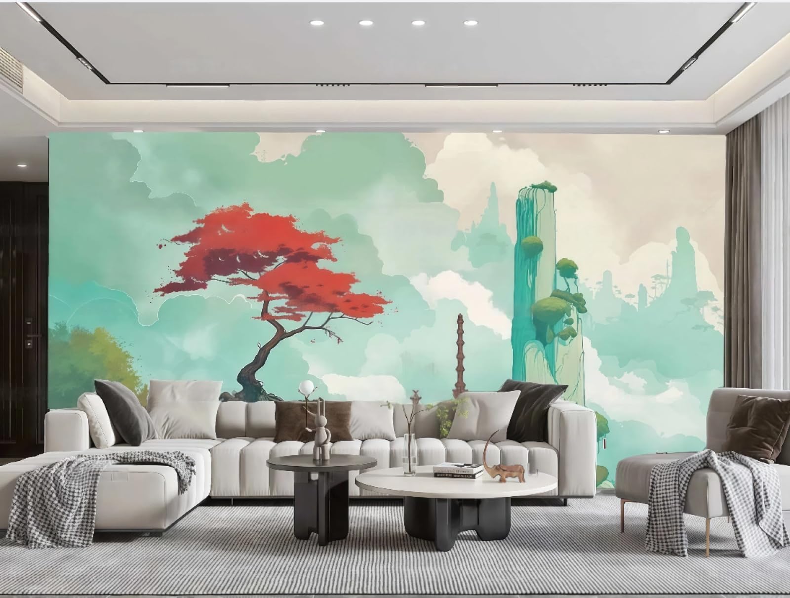 Nowoczesna jasnozielona tapeta atramentowa, powitalna sosna krajobraz górski, tło sofy telewizyjnej, tapeta ścienna do salonu, restauracji, kawiarni, 3D, 430x300cm