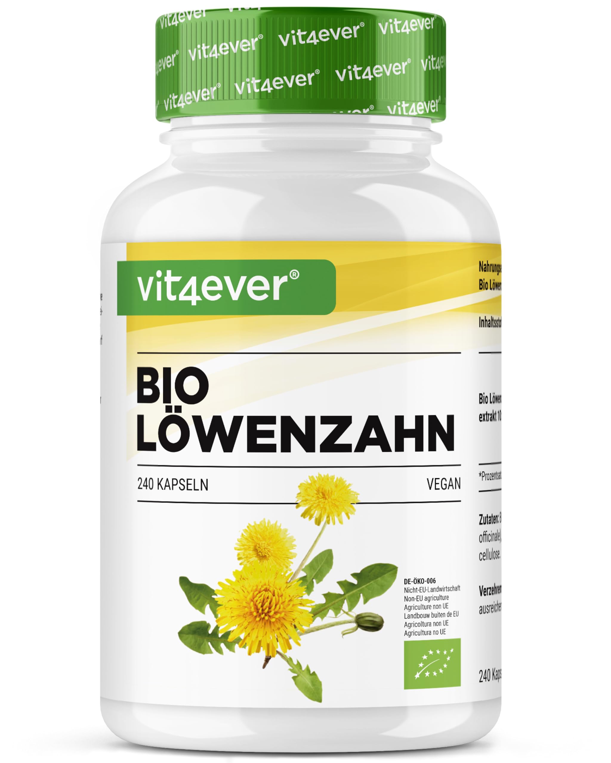 Tarassaco biologico - 240 capsule - 1500 mg di estratto di radice di tarassaco - Rapporto 10:1 altamente dosato - Vero estratto di Taraxacum officinale - Senza additivi - Vegan